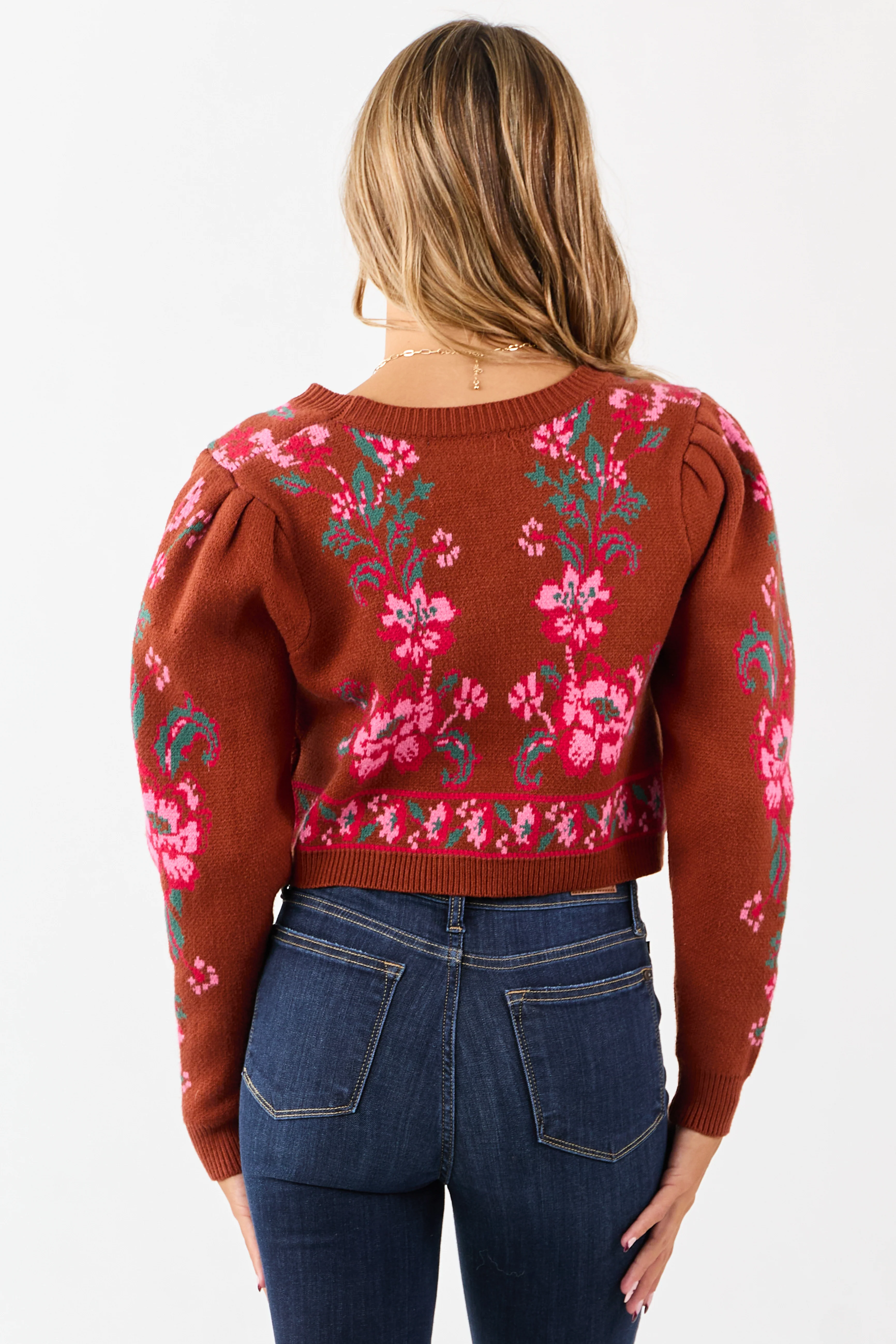 Spice Floral Print Tie Front Cropped Knit Cardigan - Image 5