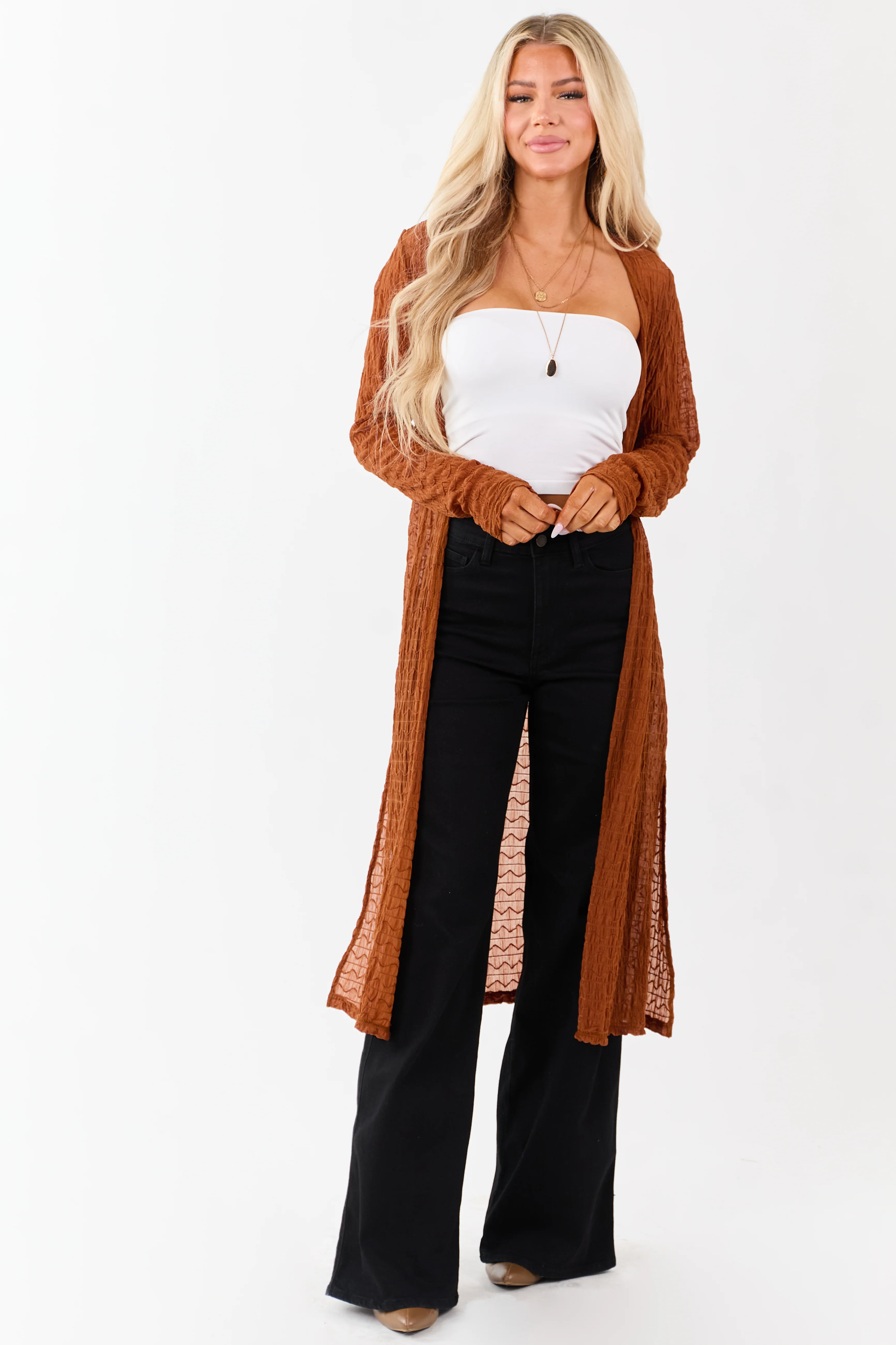 Spice Sheer Wavy Textured Mesh Duster Cardigan - Image 4