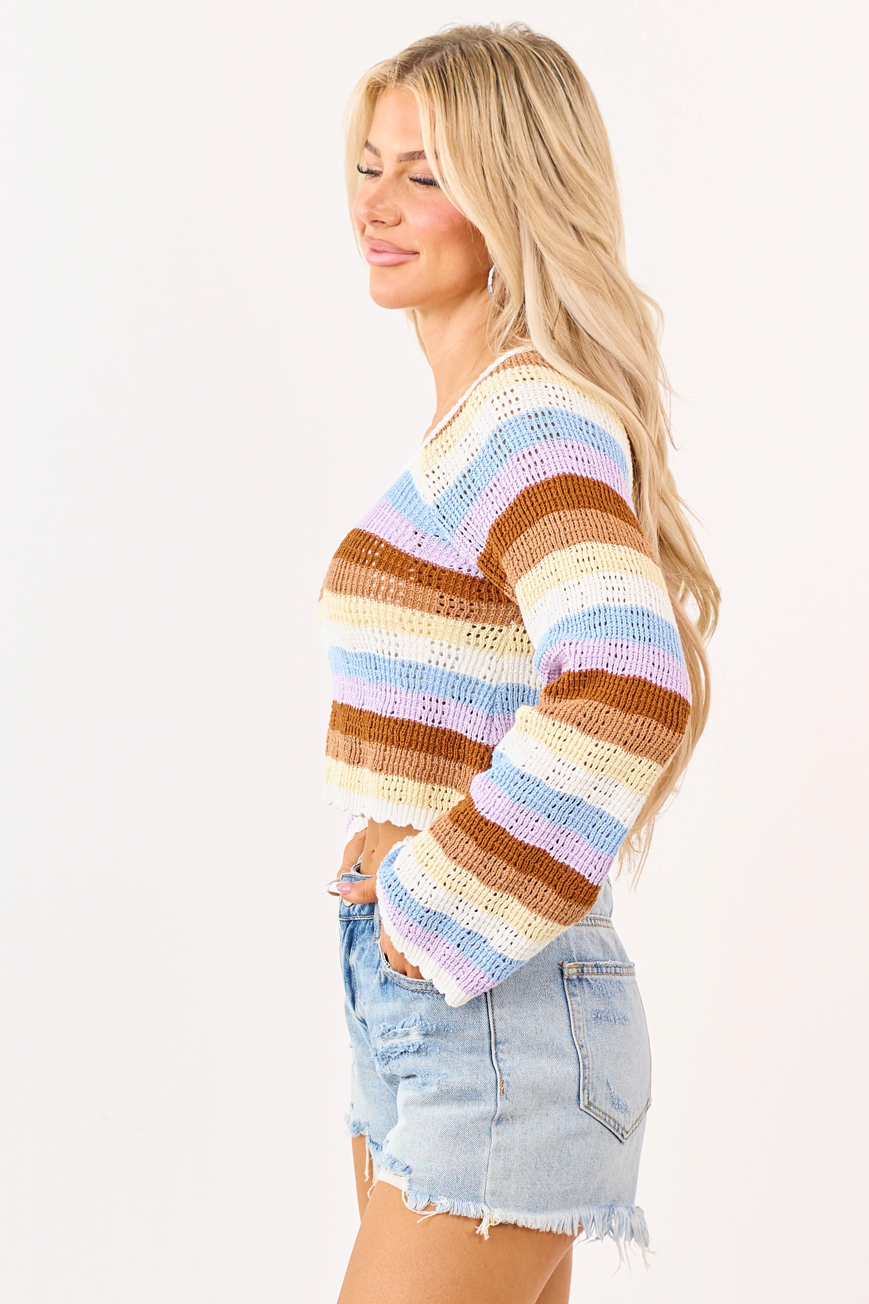 Spice Striped Pointelle Cotton Cropped Sweater - Image 4