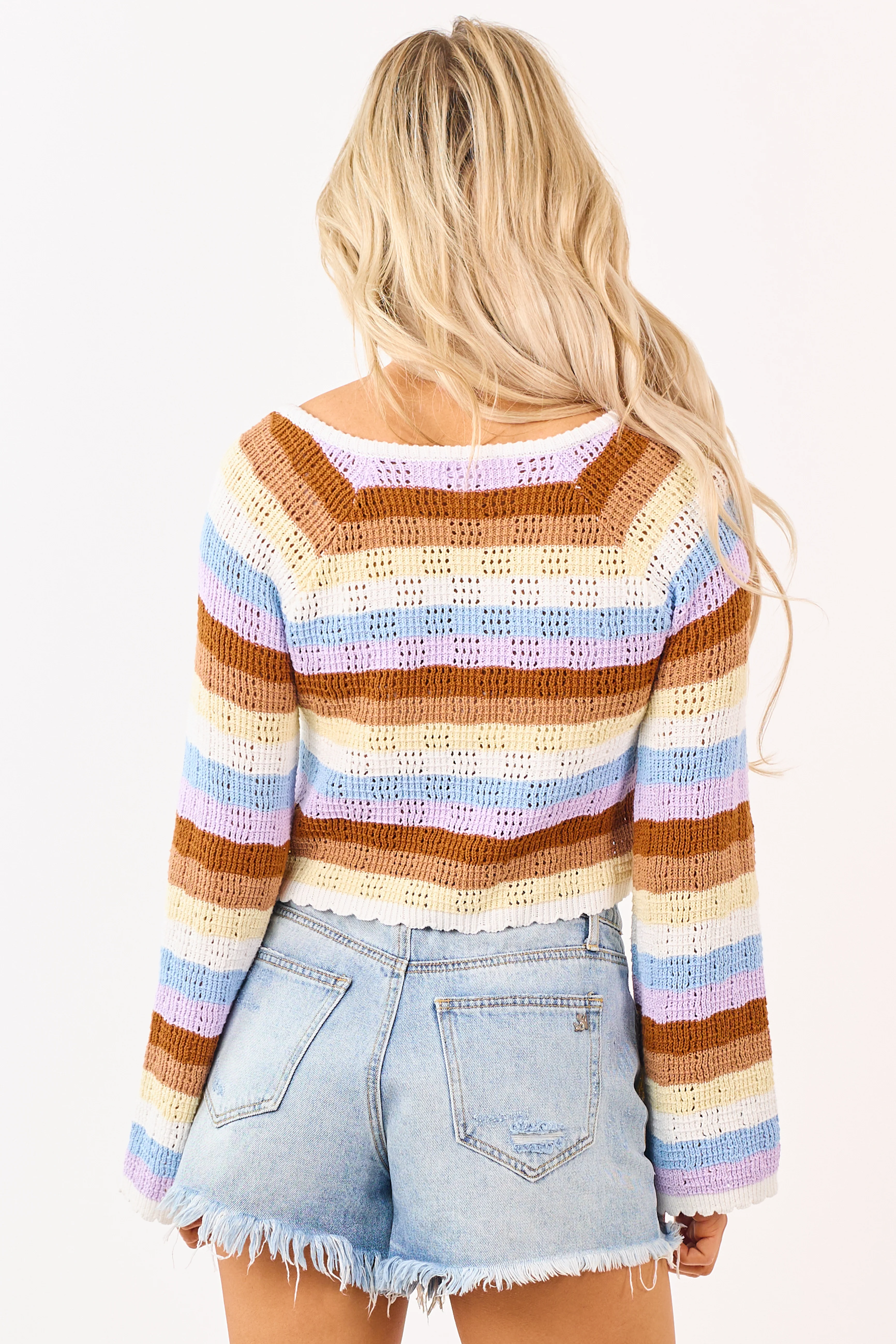 Spice Striped Pointelle Cotton Cropped Sweater - Image 5