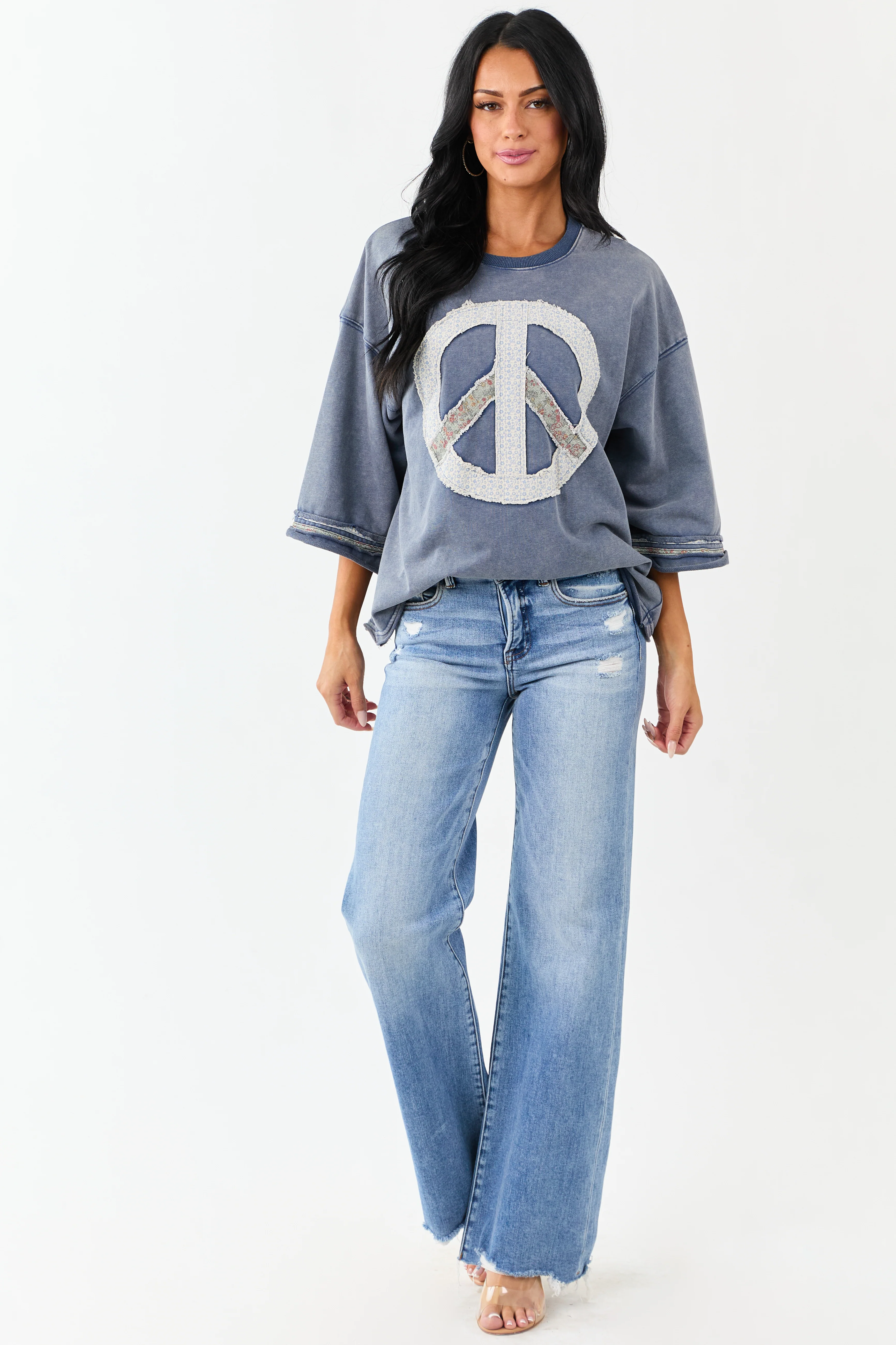 Steel Blue Mineral Wash Peace Sign Patchwork Top - Image 3
