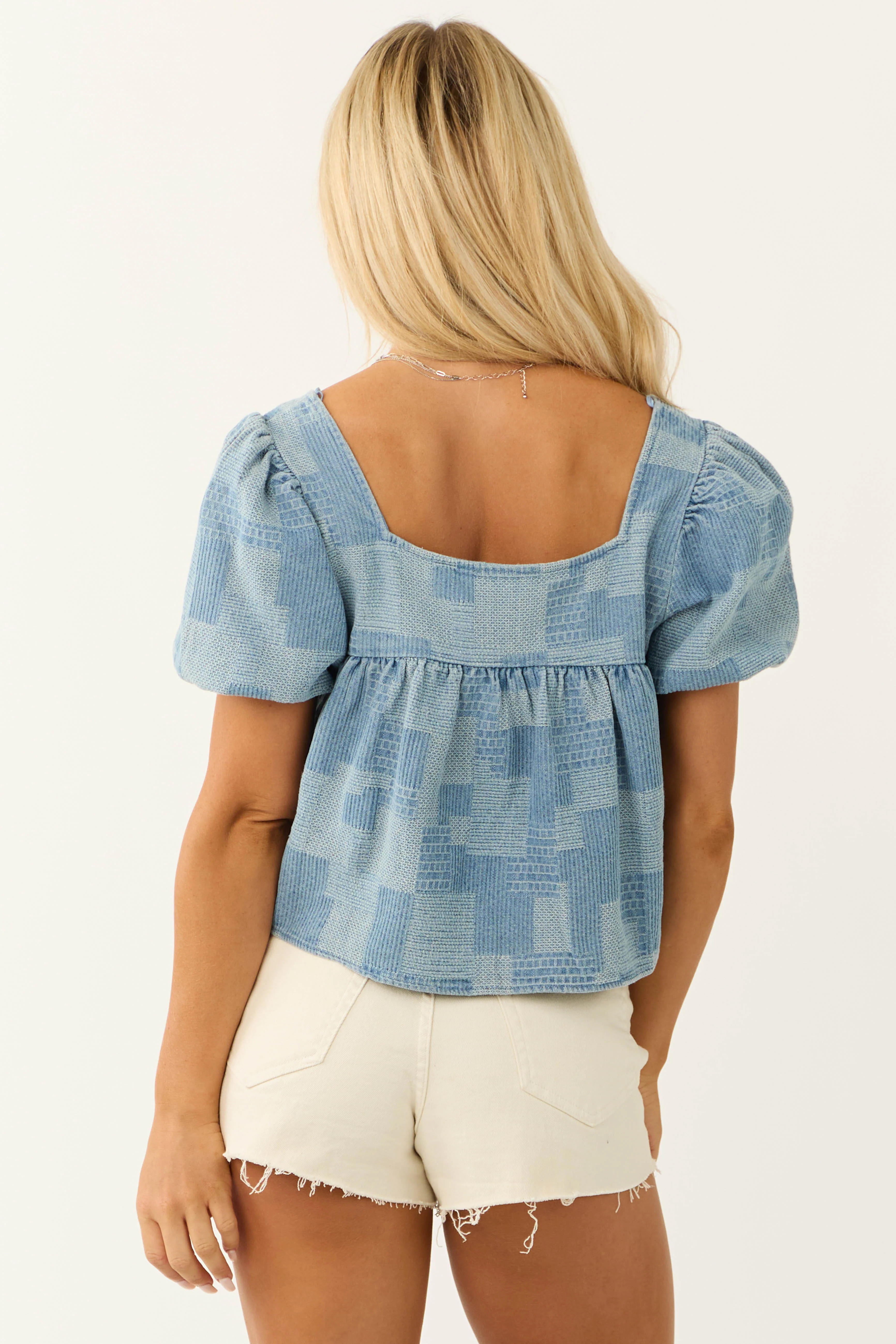 Steel Blue Patchwork Denim Square Neck Top - Image 6