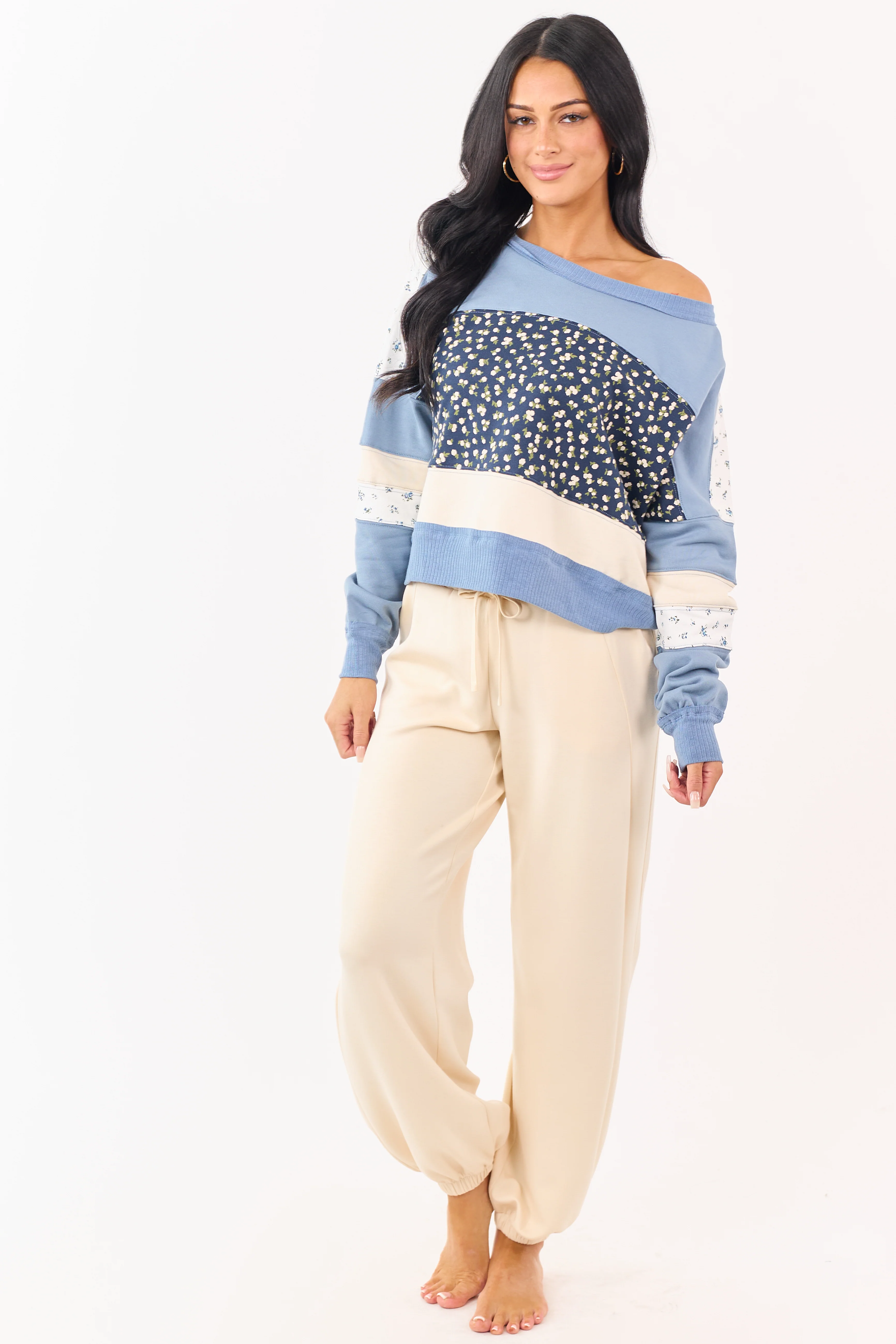 Steel Blue Patchwork Long Sleeve Sweatshirt - Image 4