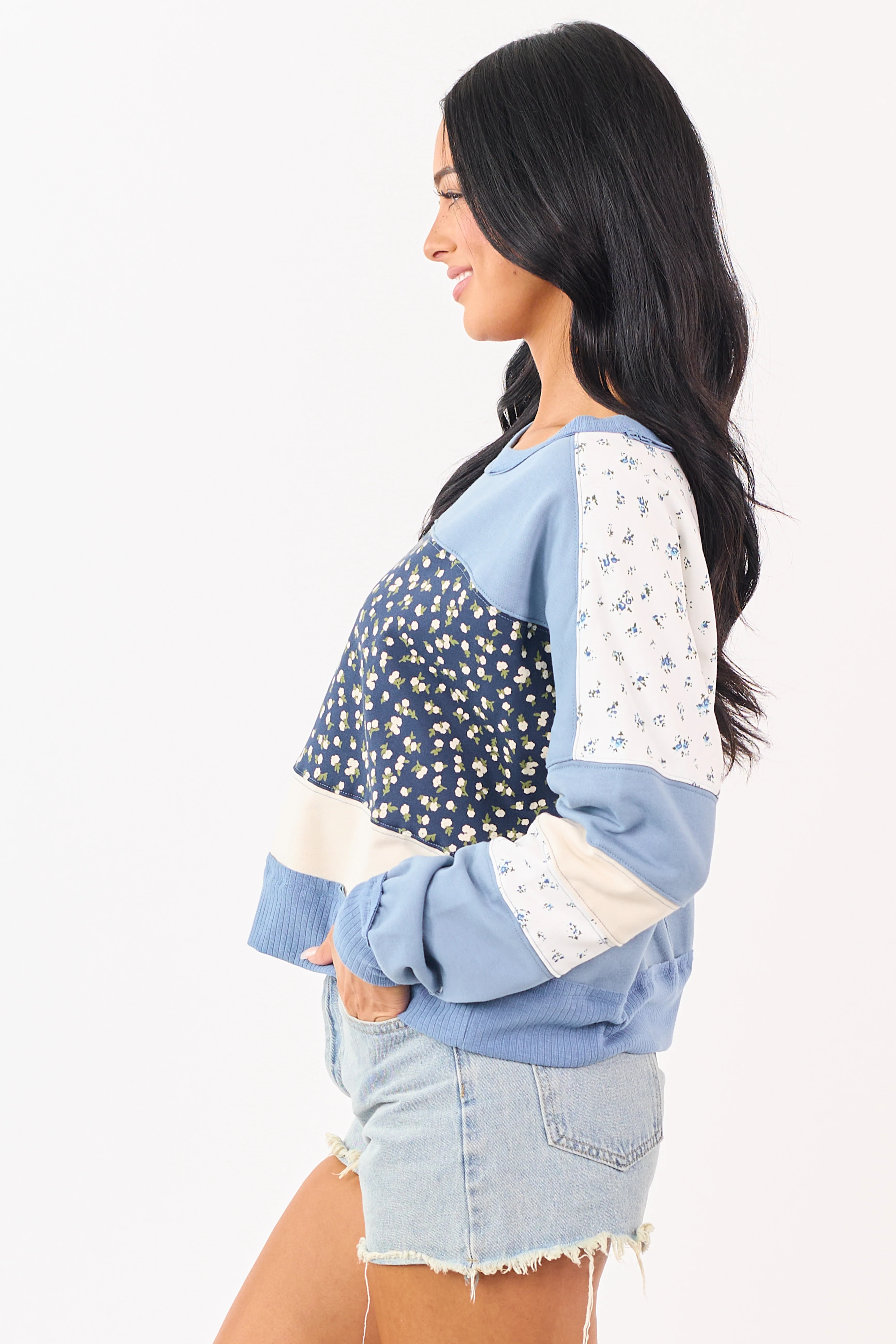 Steel Blue Patchwork Long Sleeve Sweatshirt - Image 5