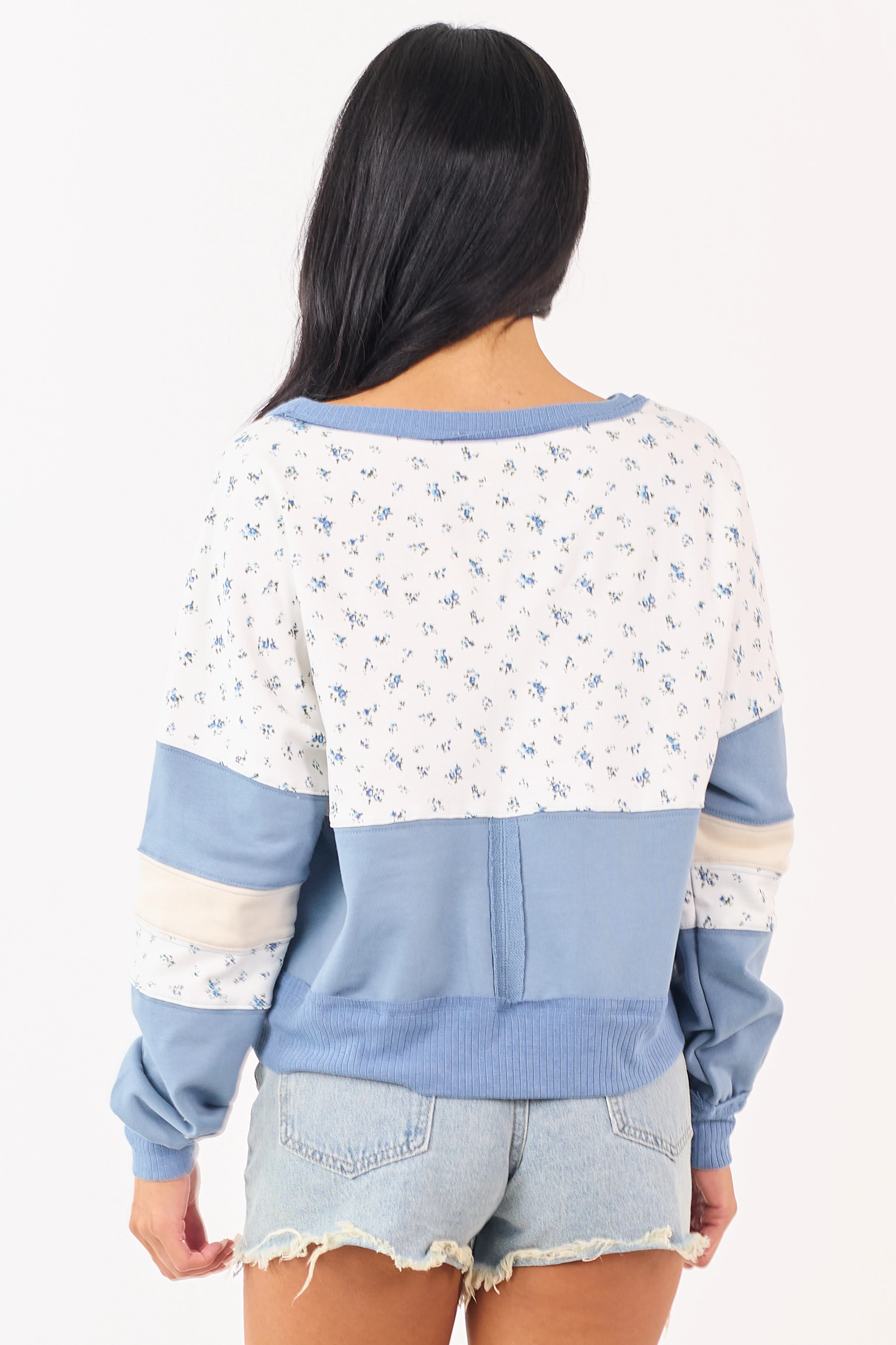 Steel Blue Patchwork Long Sleeve Sweatshirt - Image 6