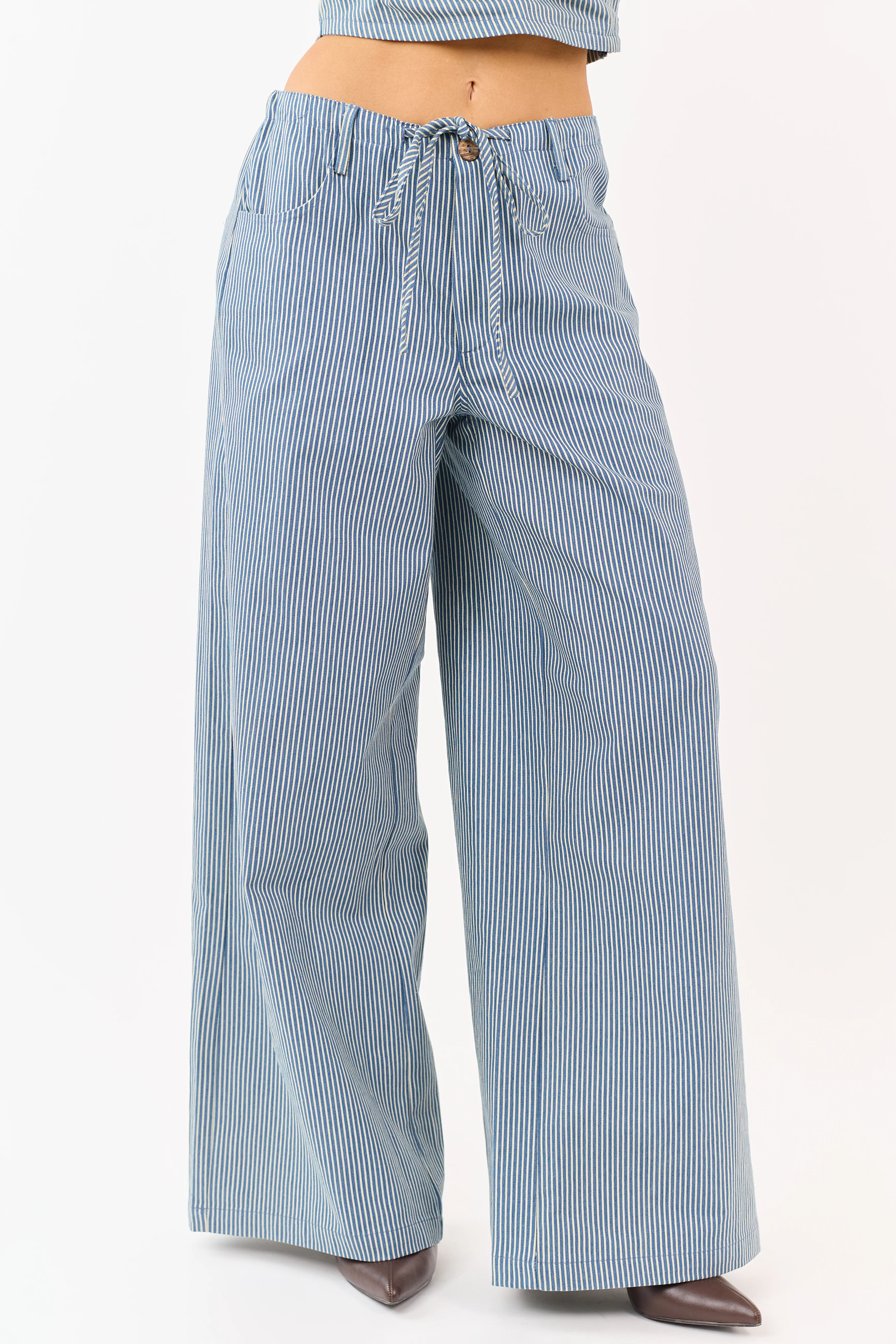 Steel Blue Pin Stripe Stretchy Denim Wide Leg Pants - Image 2