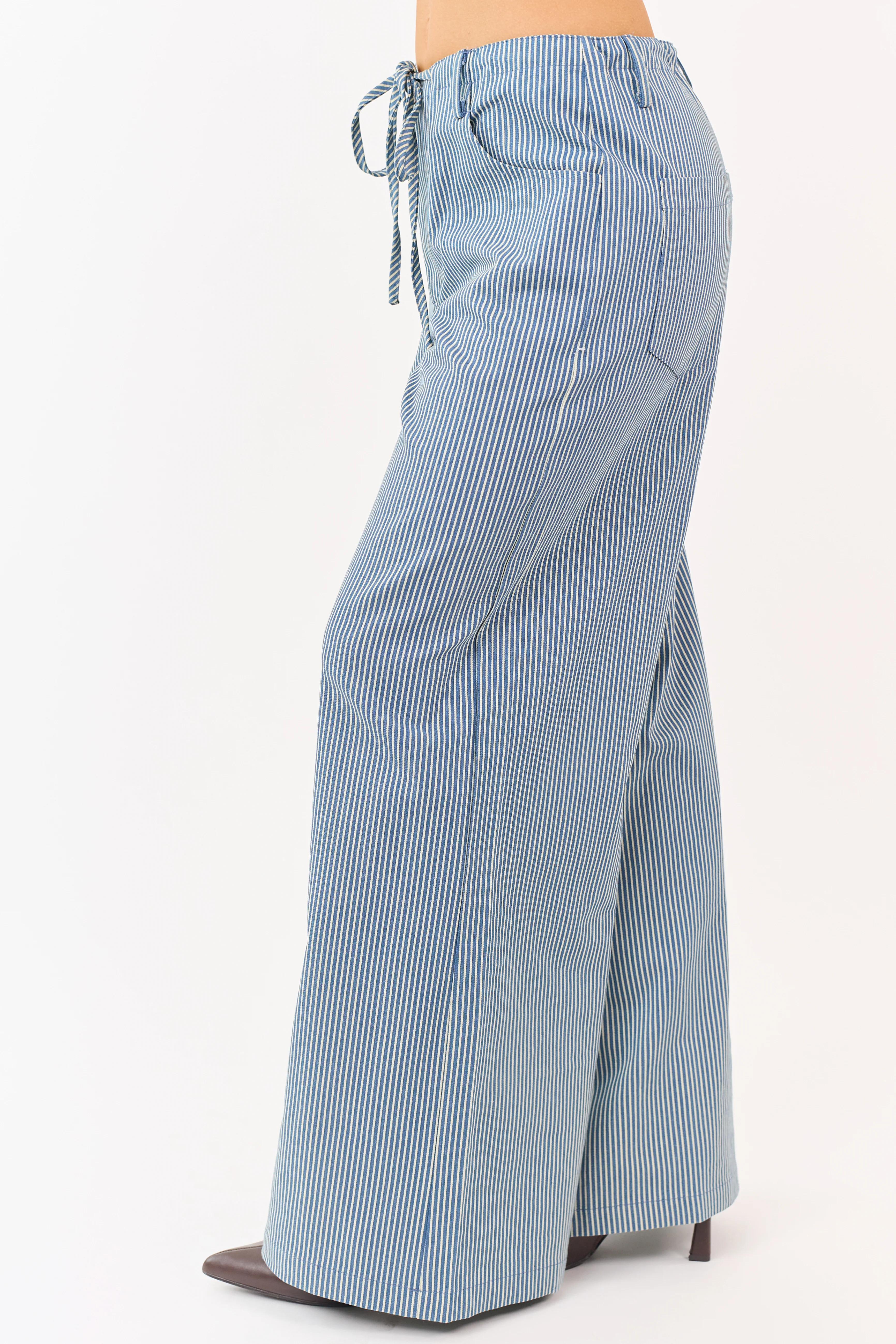 Steel Blue Pin Stripe Stretchy Denim Wide Leg Pants - Image 3