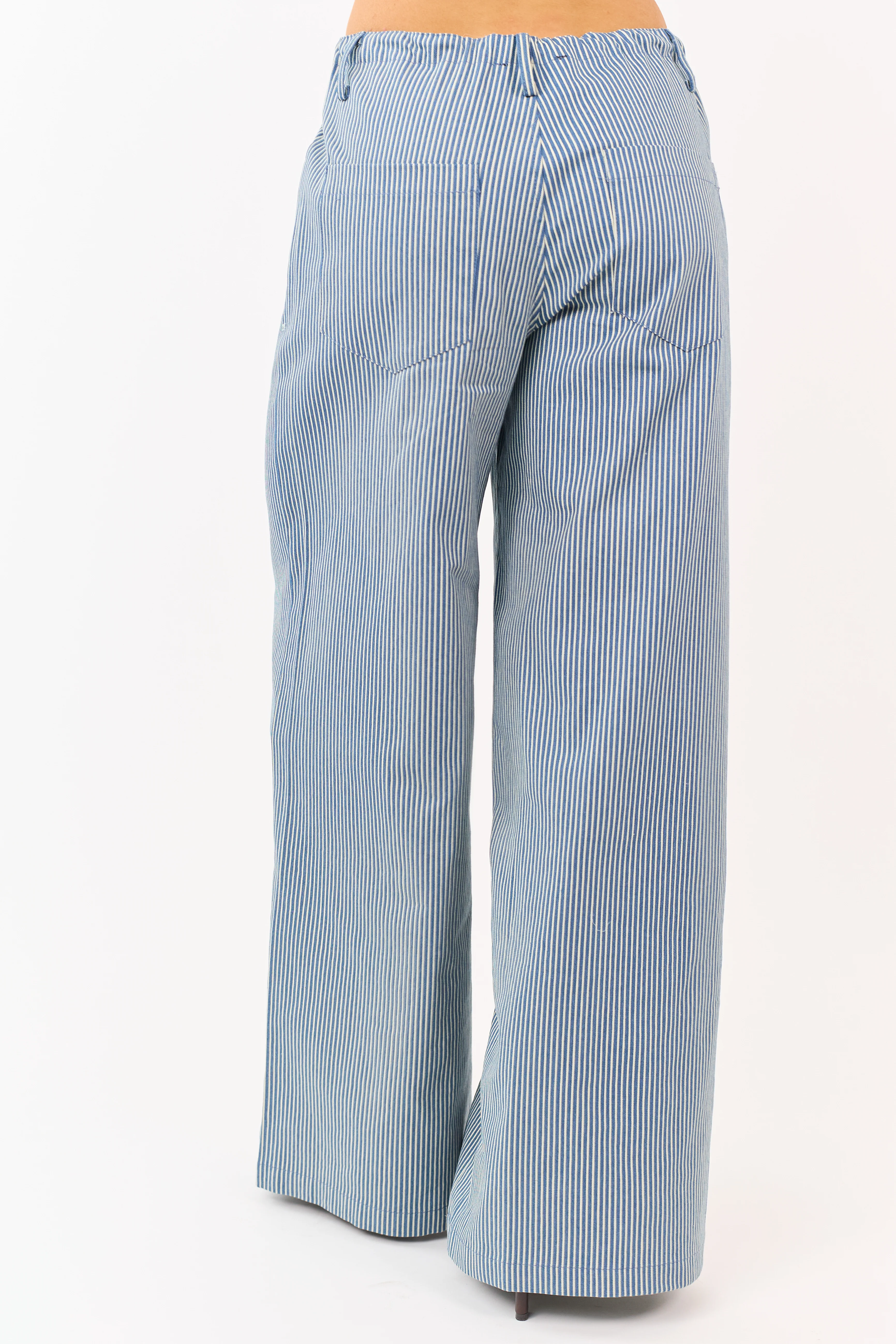 Steel Blue Pin Stripe Stretchy Denim Wide Leg Pants - Image 4