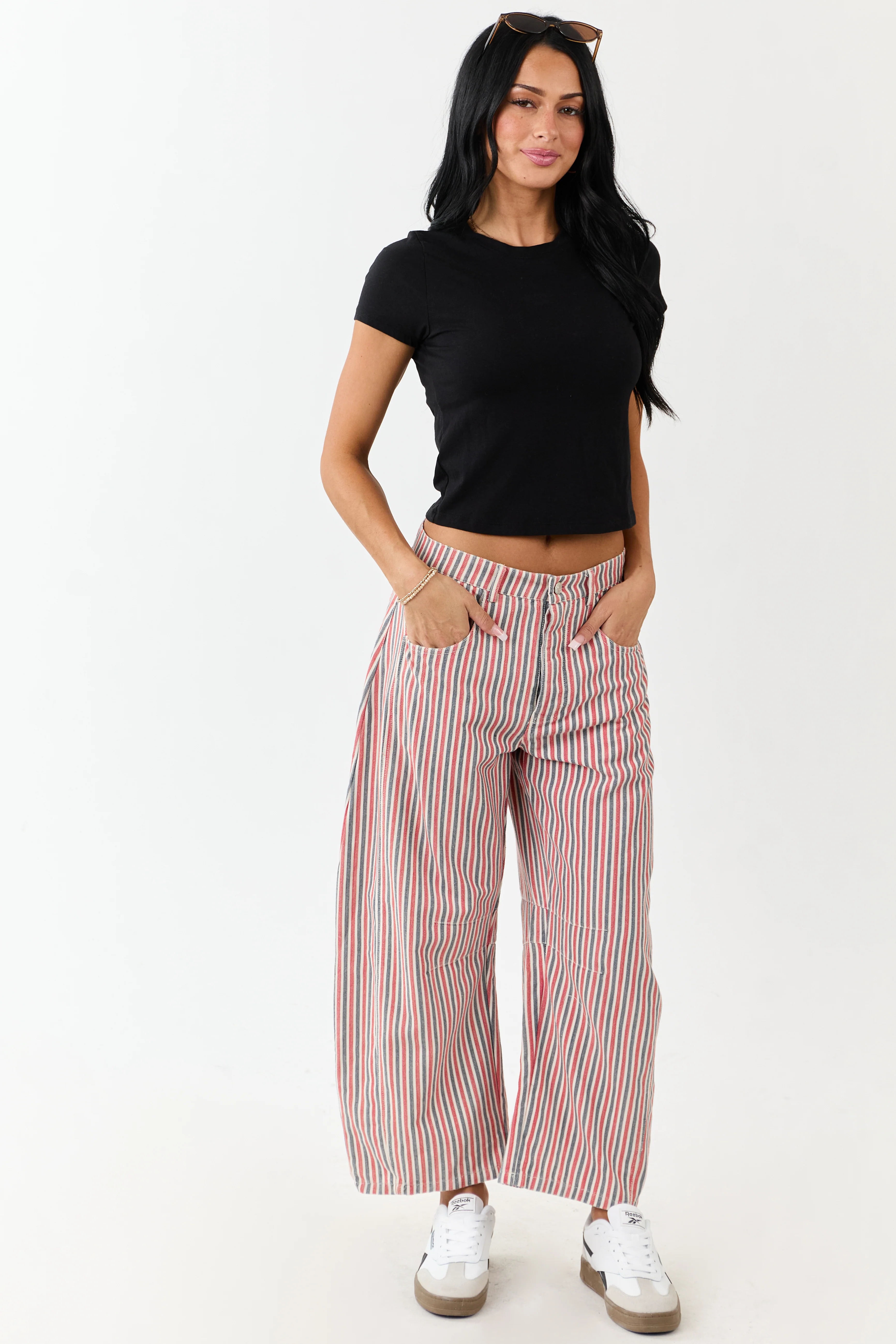 Steel Blue and Ruby Striped Barrel Cropped Pants - Image 6
