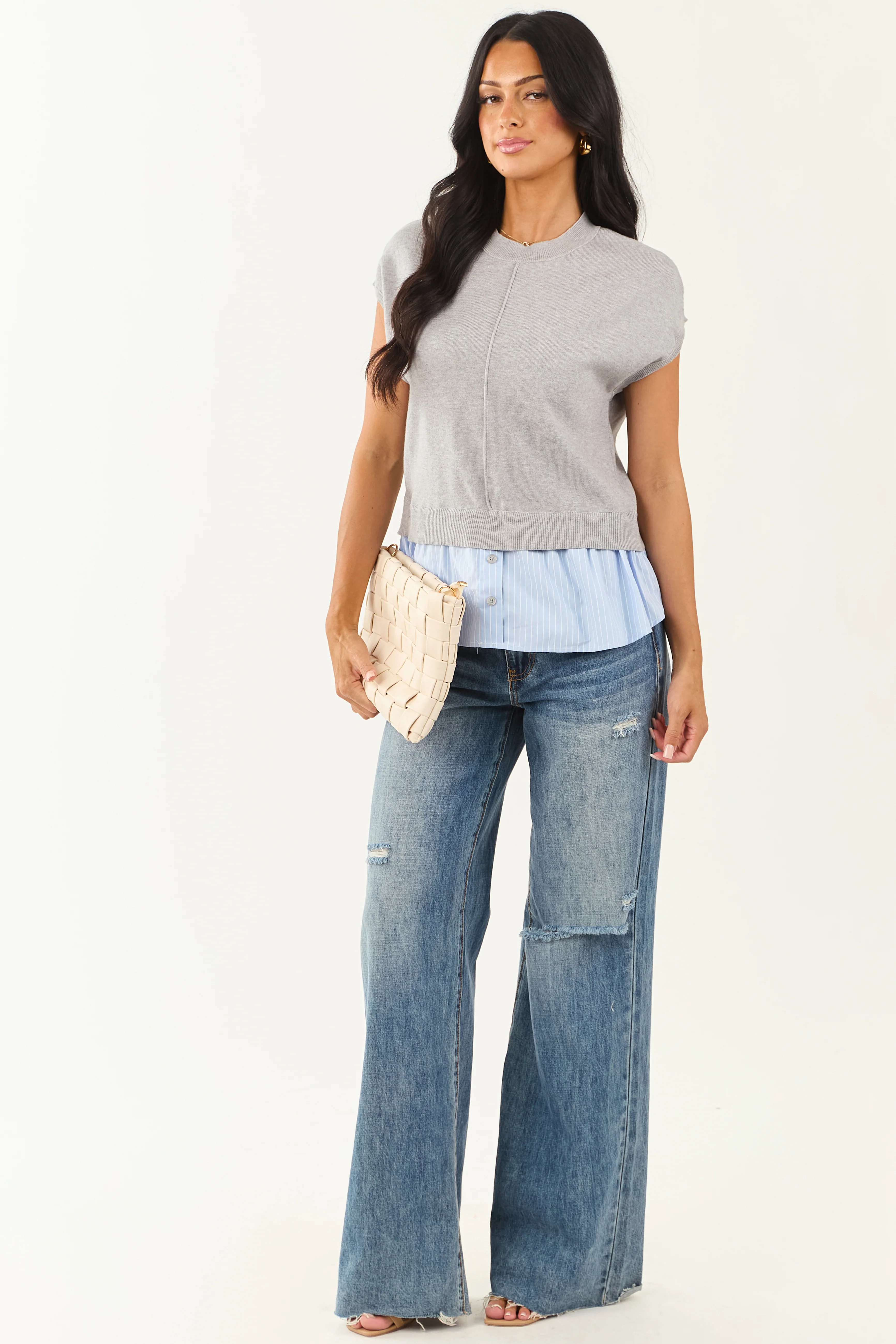 Steel Short Sleeve Striped Contrast Knit Top - Image 3