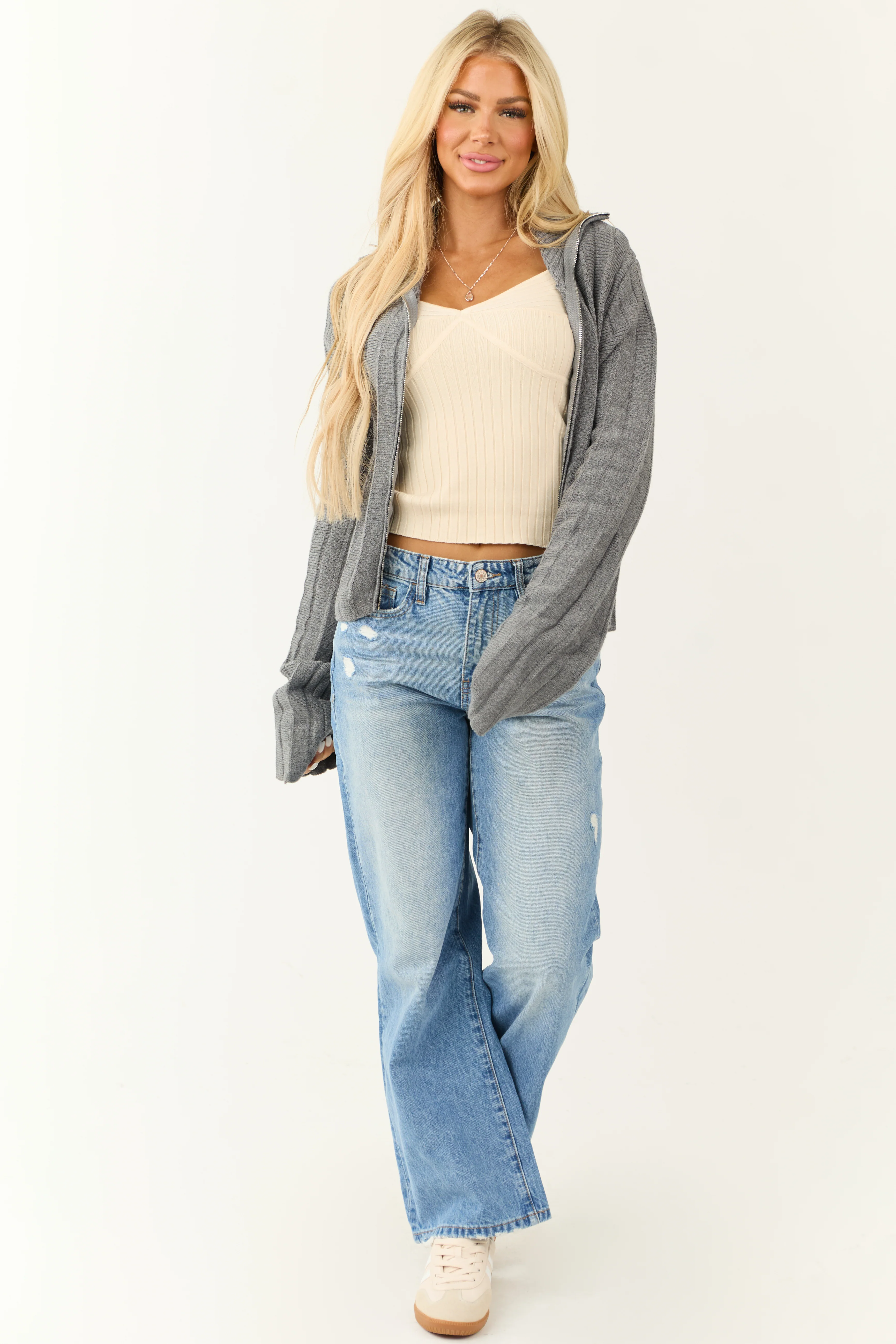 Steel Sweater Knit Zip Up Long Sleeve Jacket - Image 3