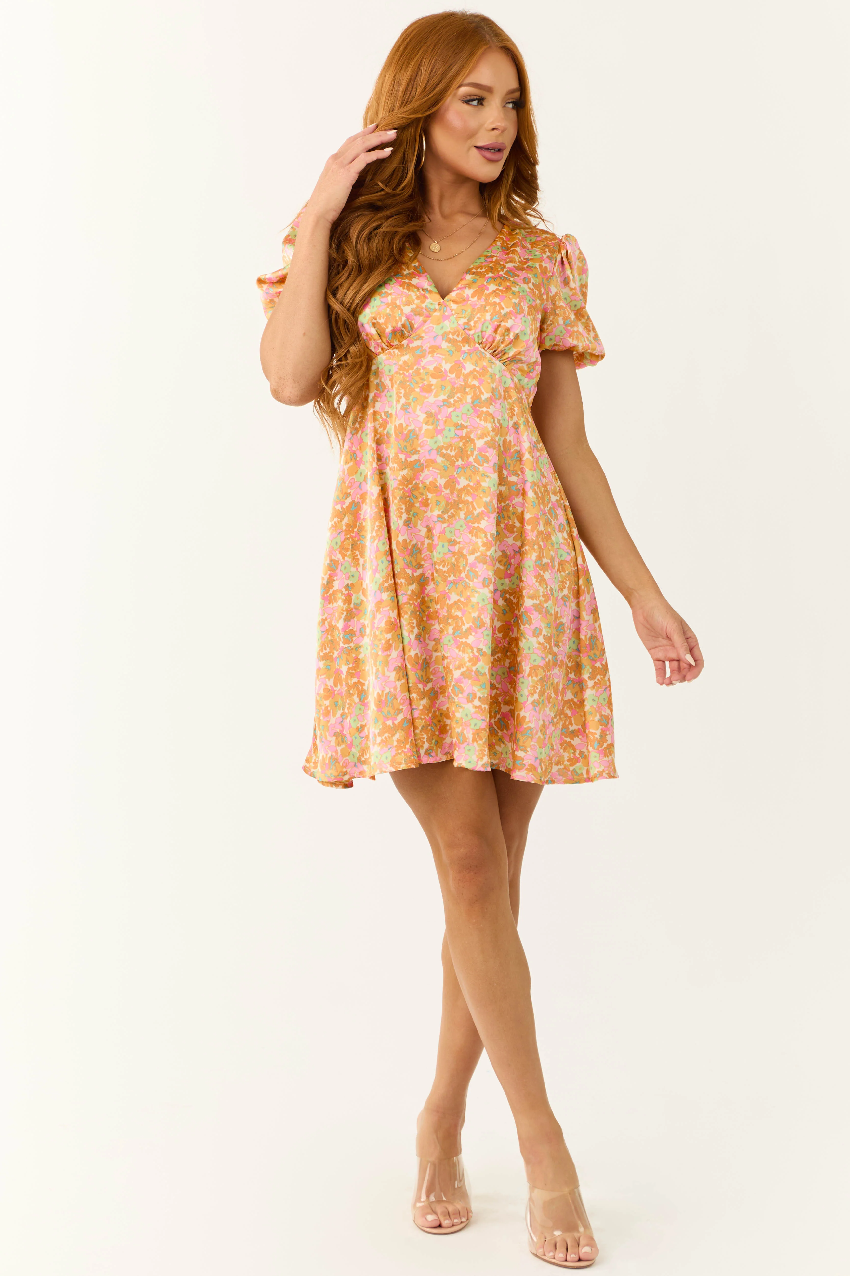 Sunset Flower Print Empire Waist Satin Short Dress - Image 3
