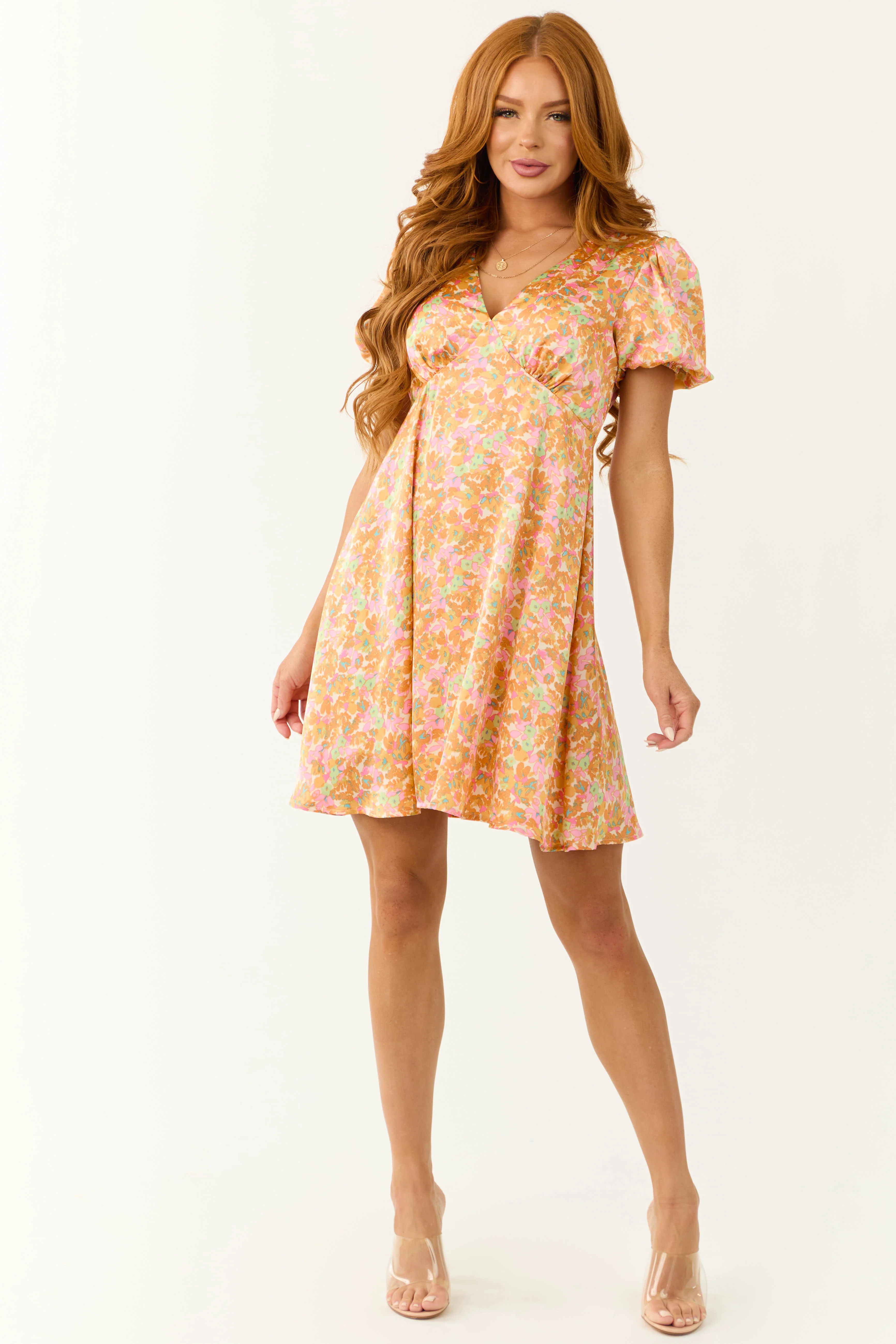 Sunset Flower Print Empire Waist Satin Short Dress - Image 4