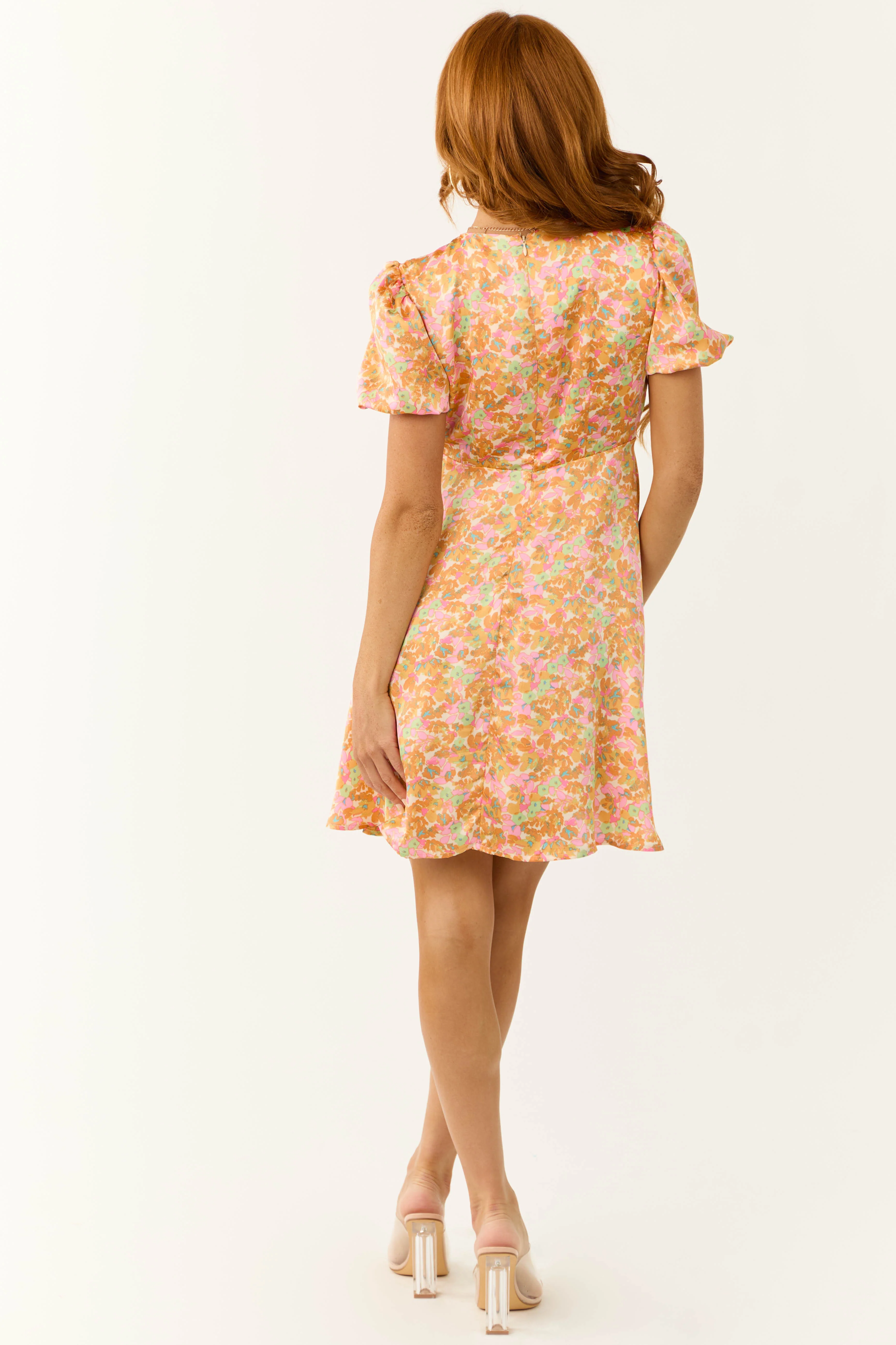 Sunset Flower Print Empire Waist Satin Short Dress - Image 6
