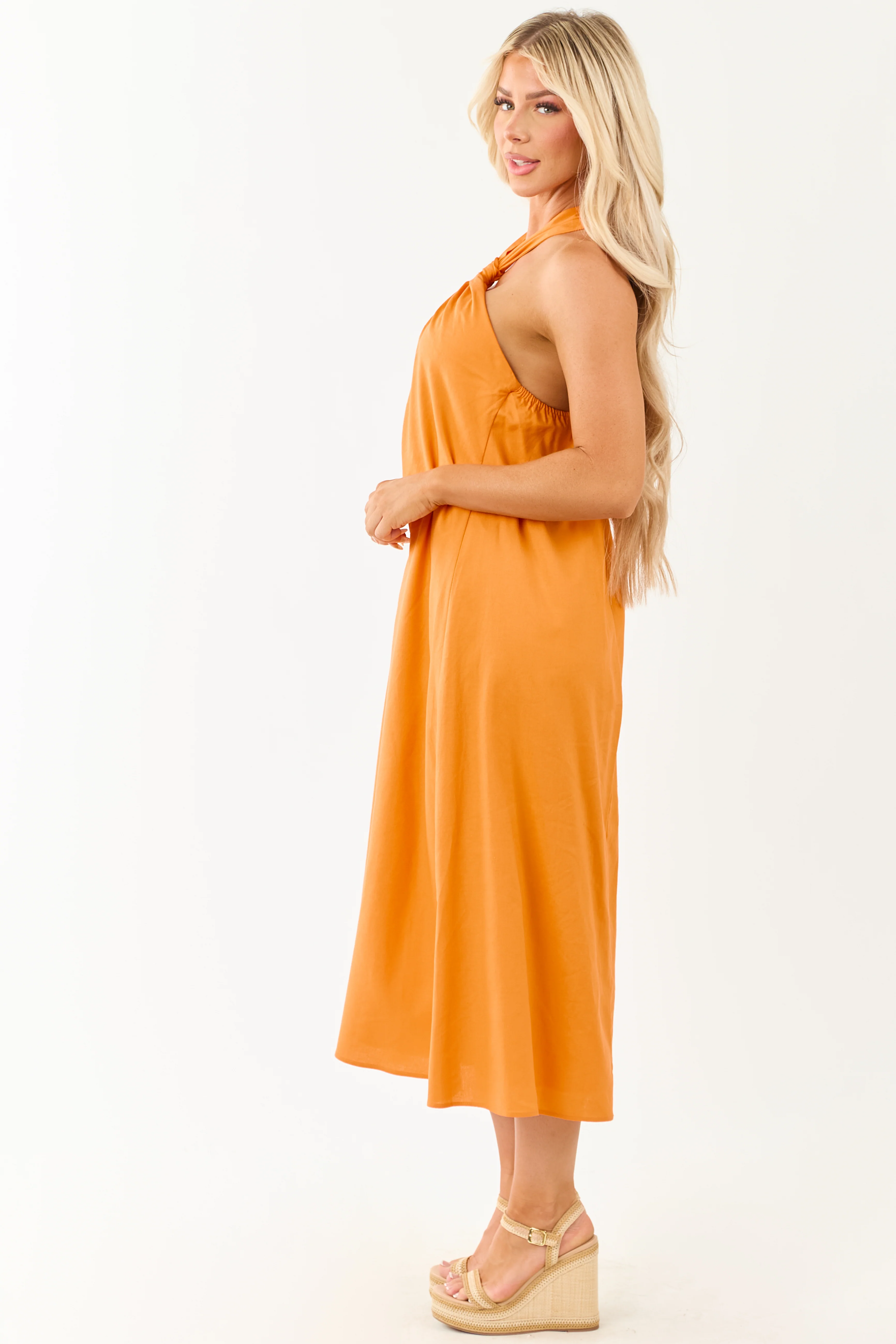 Tangerine Halter Knot Tie Linen Blend Midi Dress - Image 4