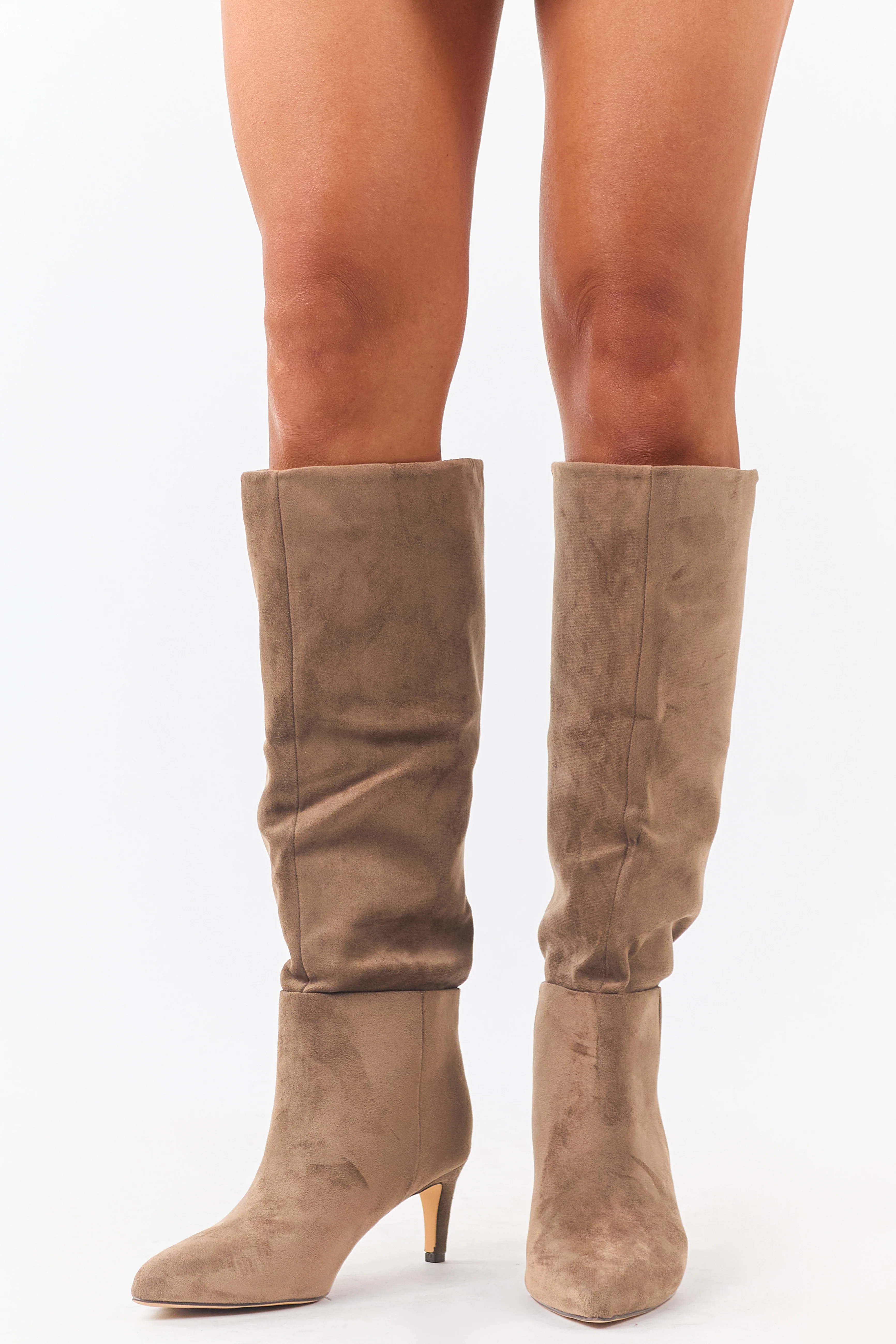 Taupe Faux Suede Pointed Toe Heeled Boots - Image 4