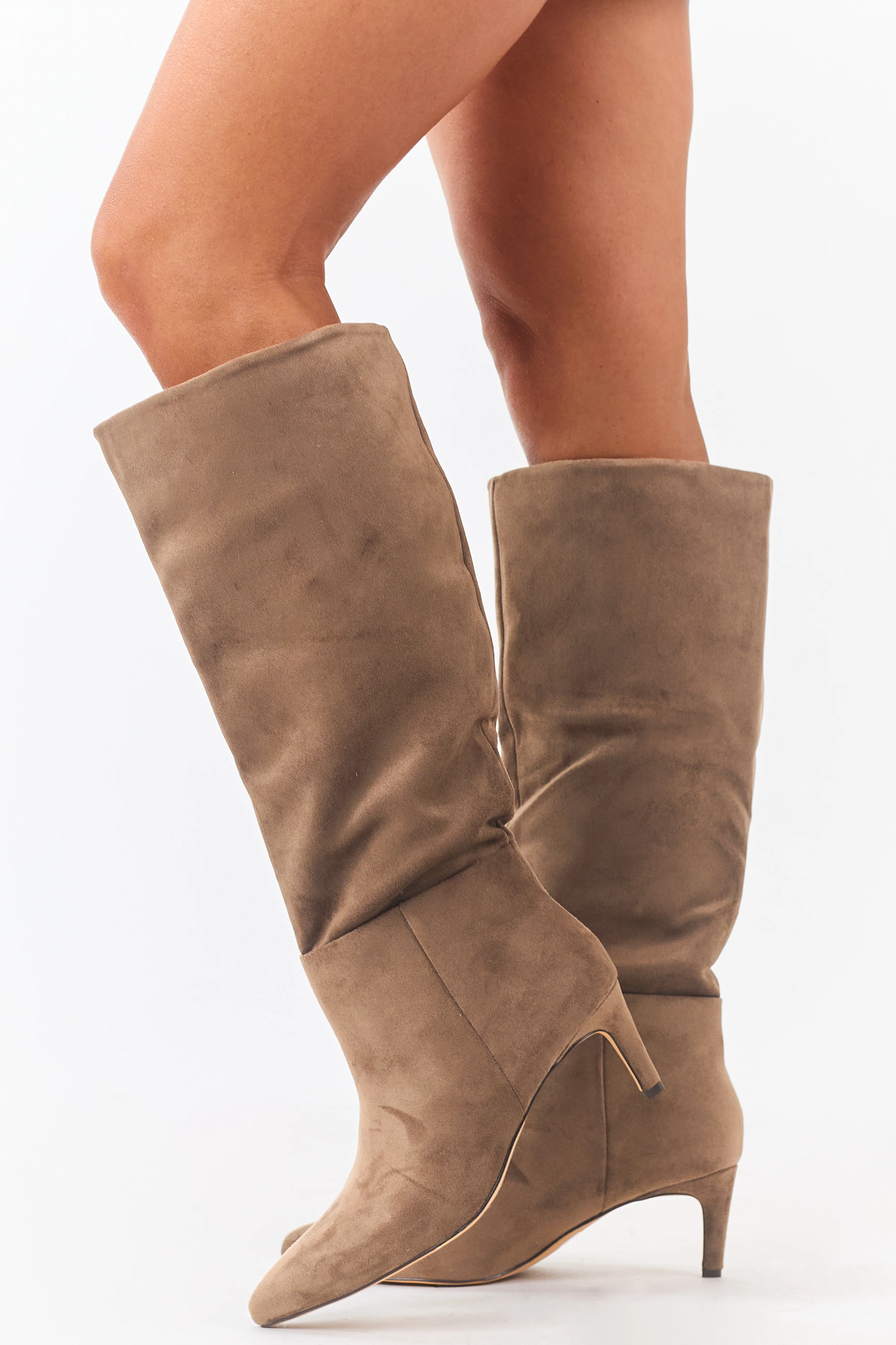 Taupe Faux Suede Pointed Toe Heeled Boots - Image 5