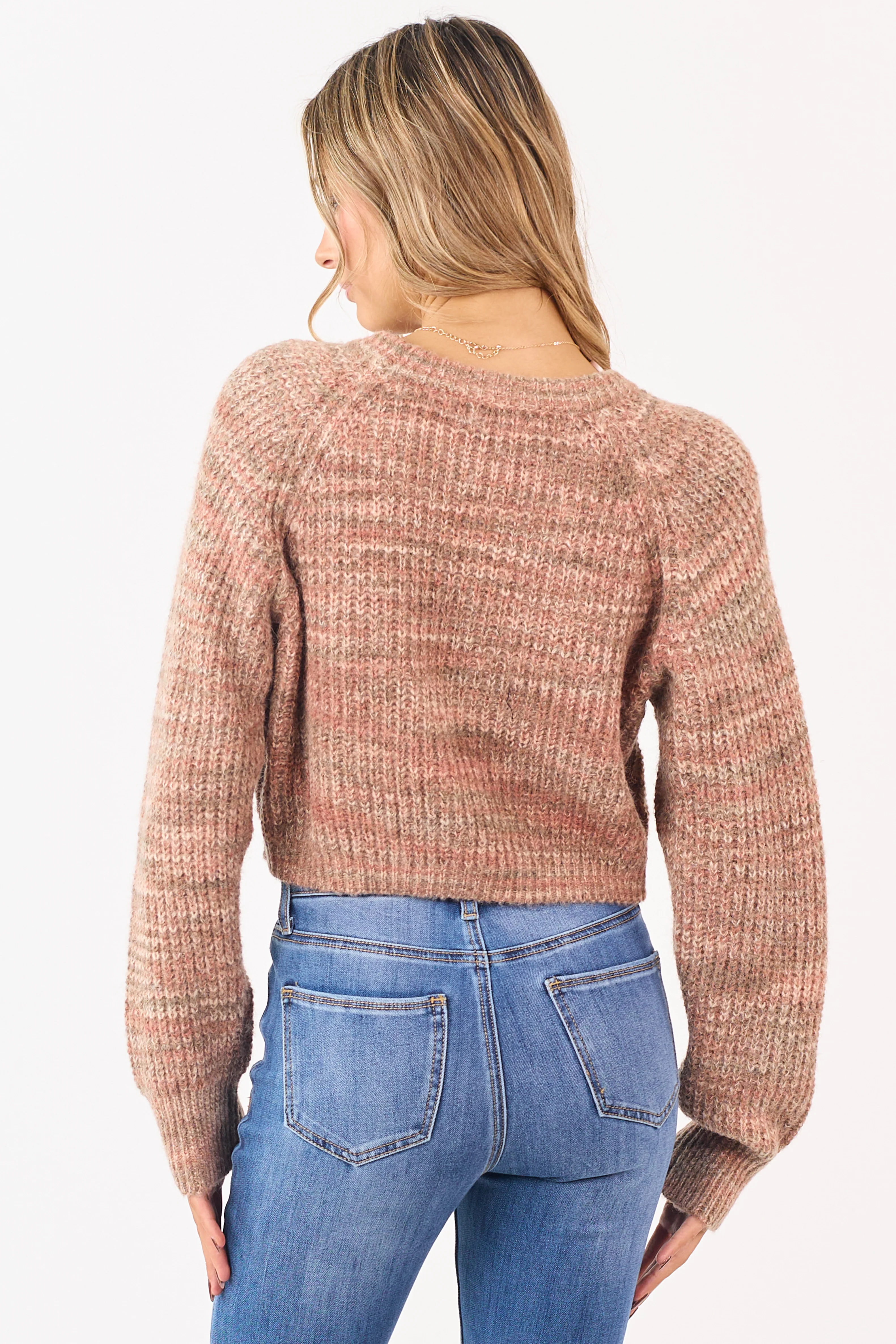 Taupe Ribbed Knit Marled Wool Blend Crop Sweater - Image 5