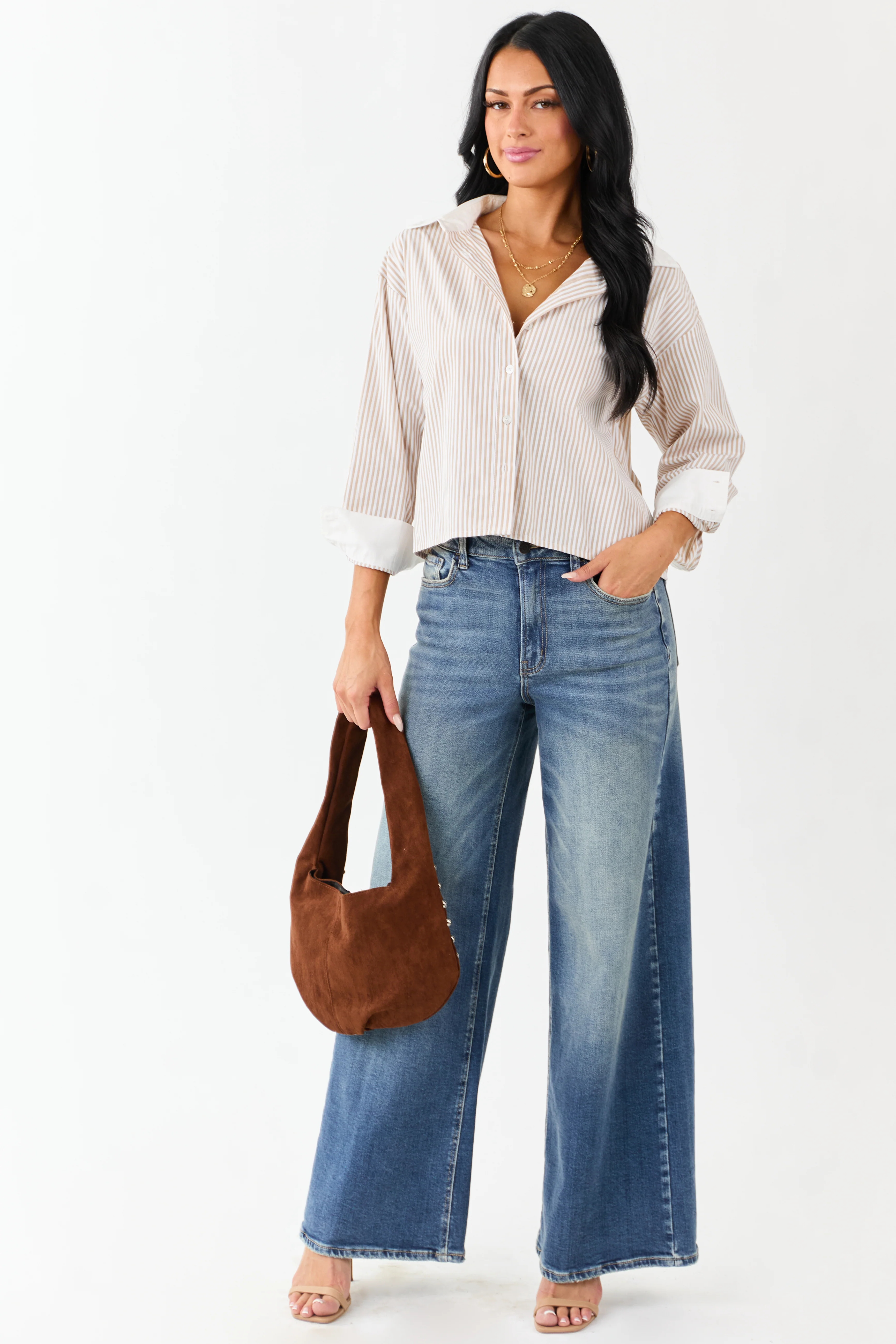 Taupe Striped Long Sleeve Button Down Cotton Top - Image 2