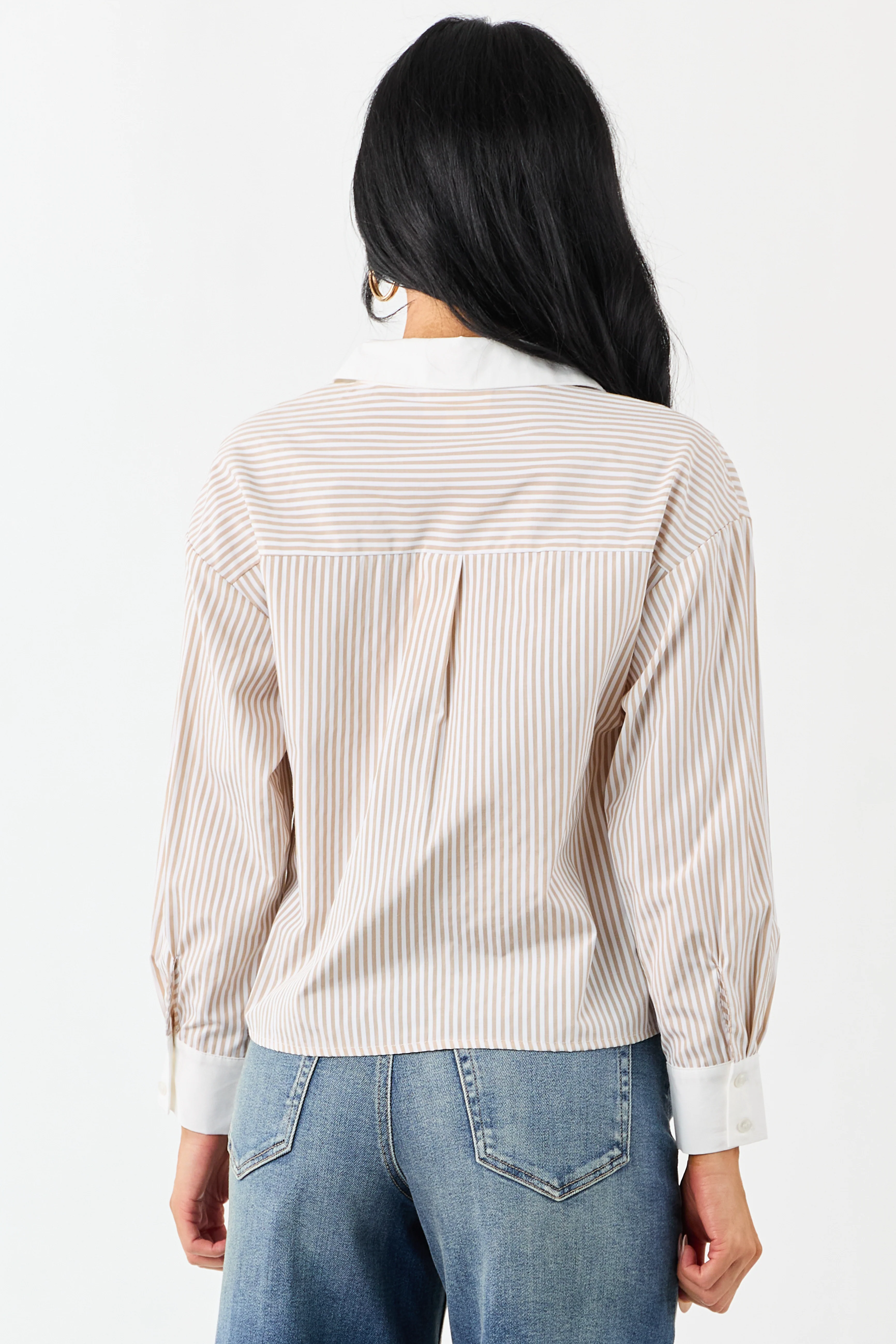 Taupe Striped Long Sleeve Button Down Cotton Top - Image 5