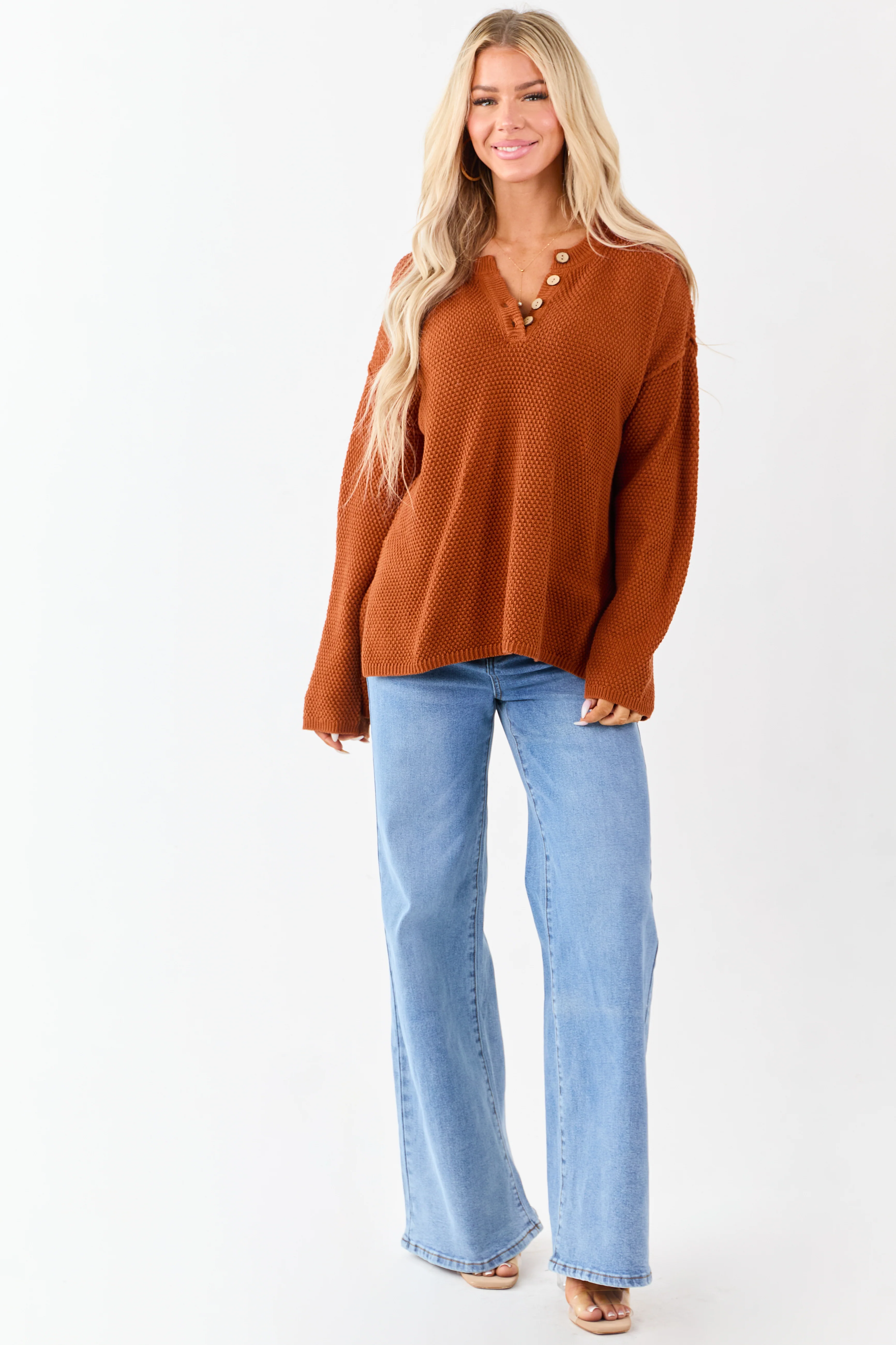 Tawny Half Button Down Textured Knit Sweater - Image 5