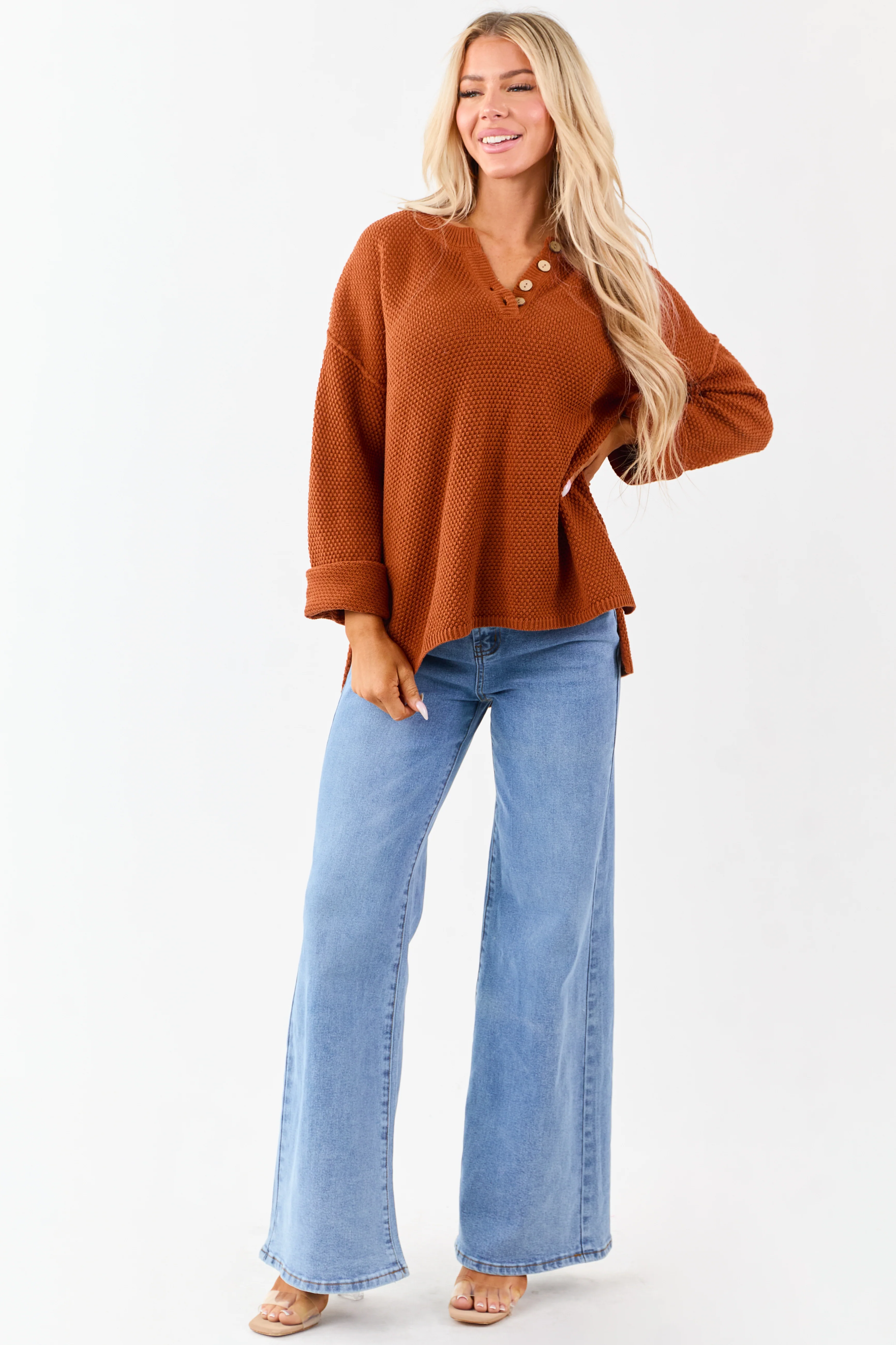 Tawny Half Button Down Textured Knit Sweater - Image 6