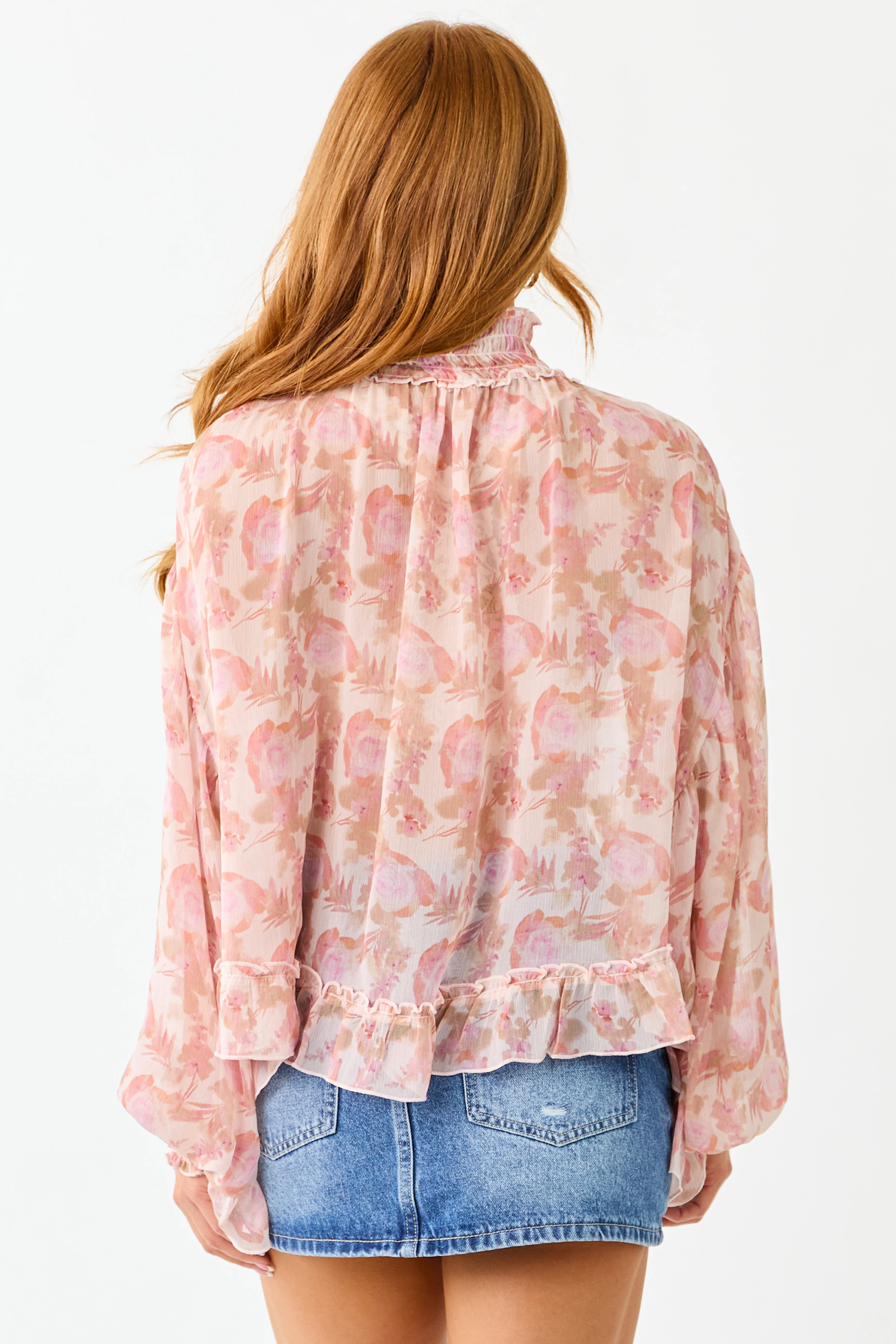Tea Rose Floral Sheer Chiffon Smocked Trim Top - Image 6