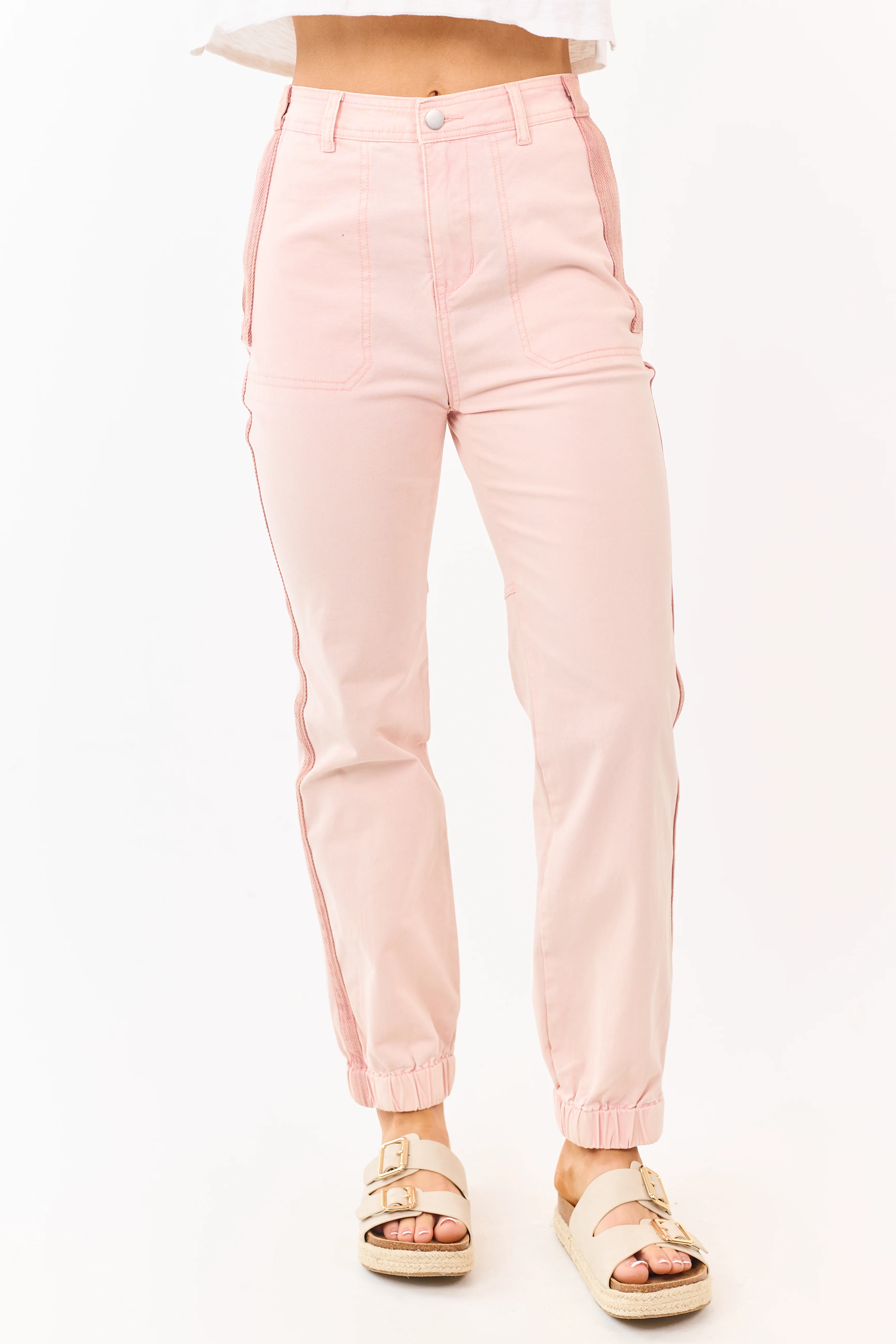 Tea Rose Sideline Contrast Stripe Denim Joggers - Image 2