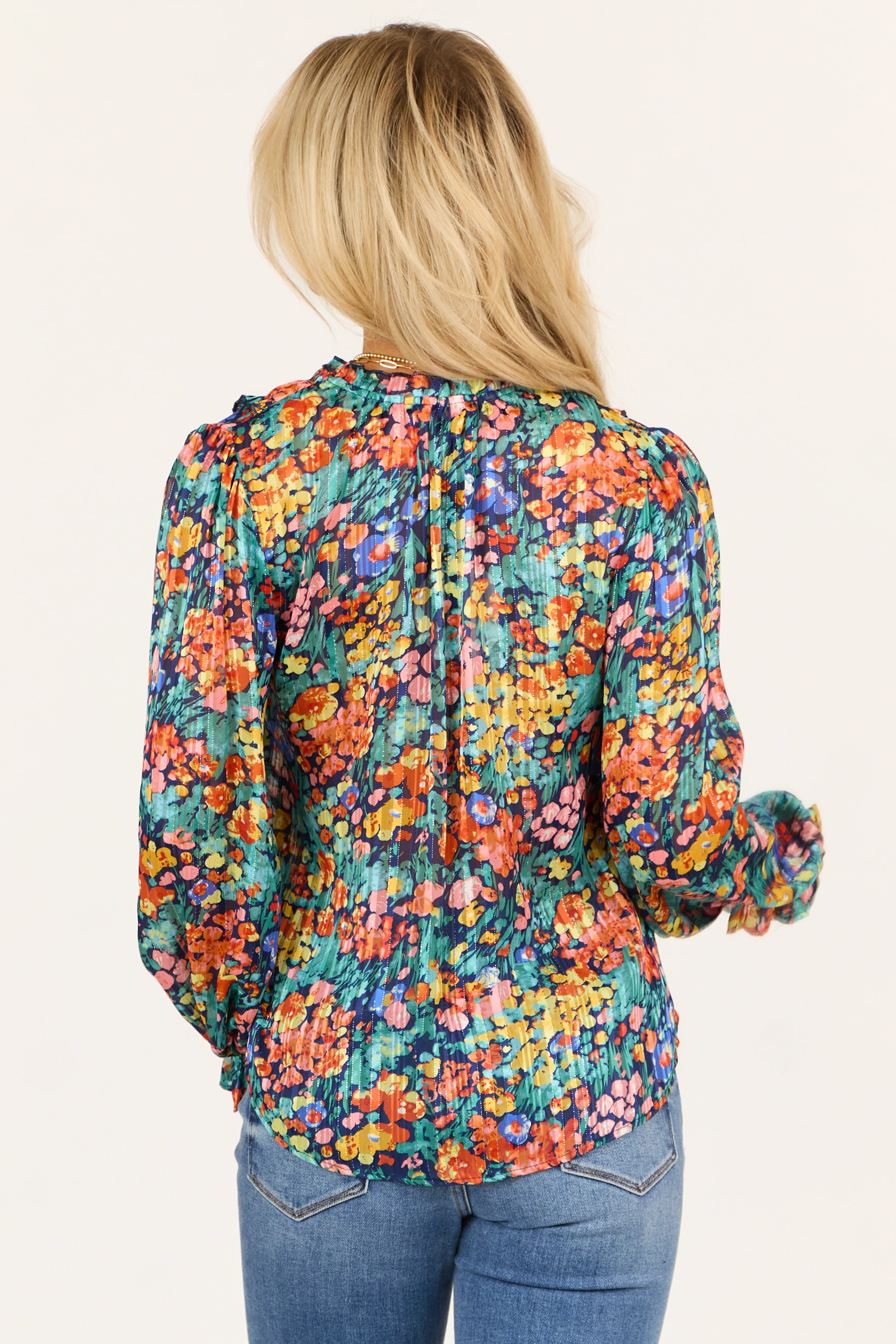 Teal Colorful Floral Lurex Frill V Neck Blouse - Image 5