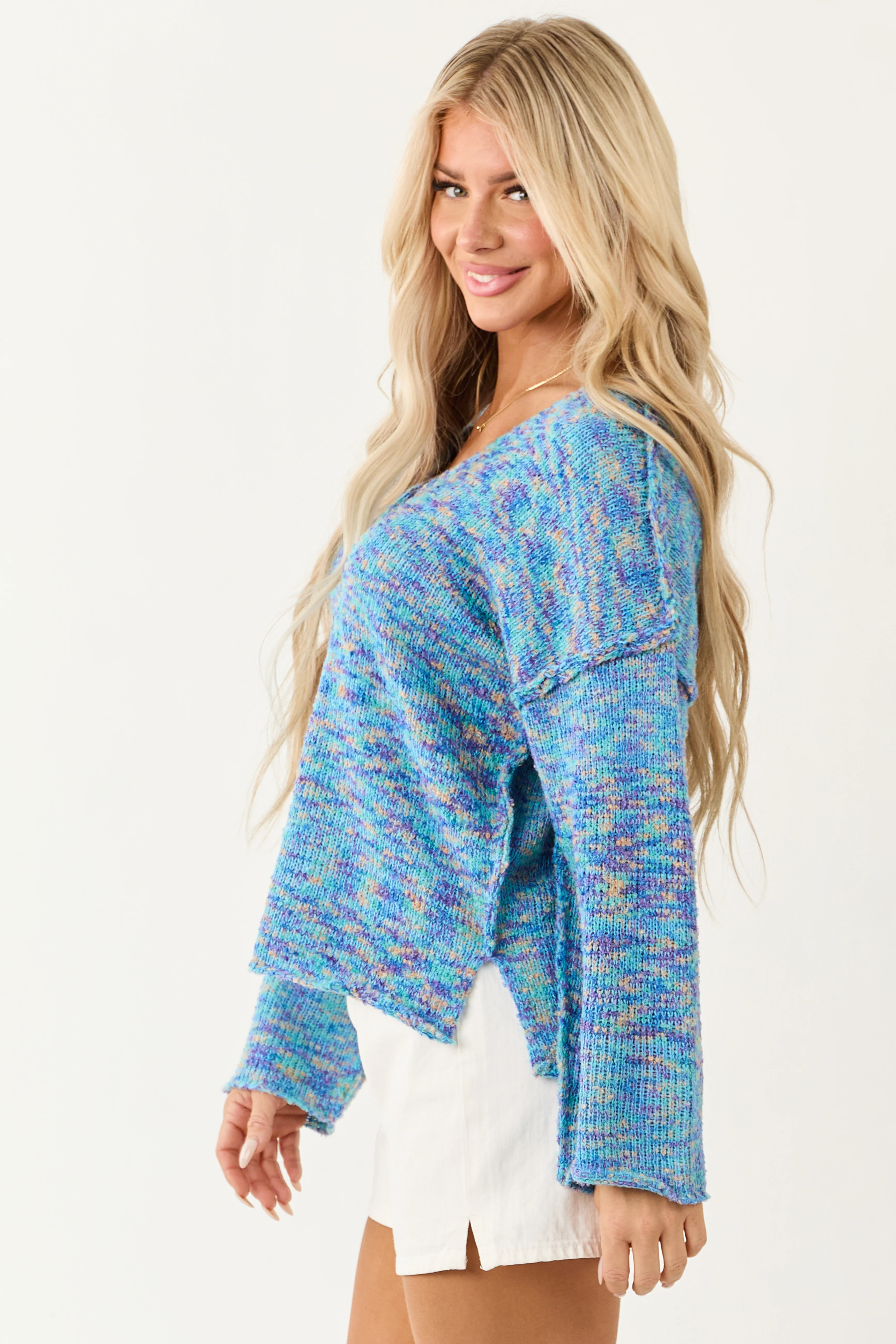 Turquoise Speckled Knit V Neck Front Seam Sweater - Image 4