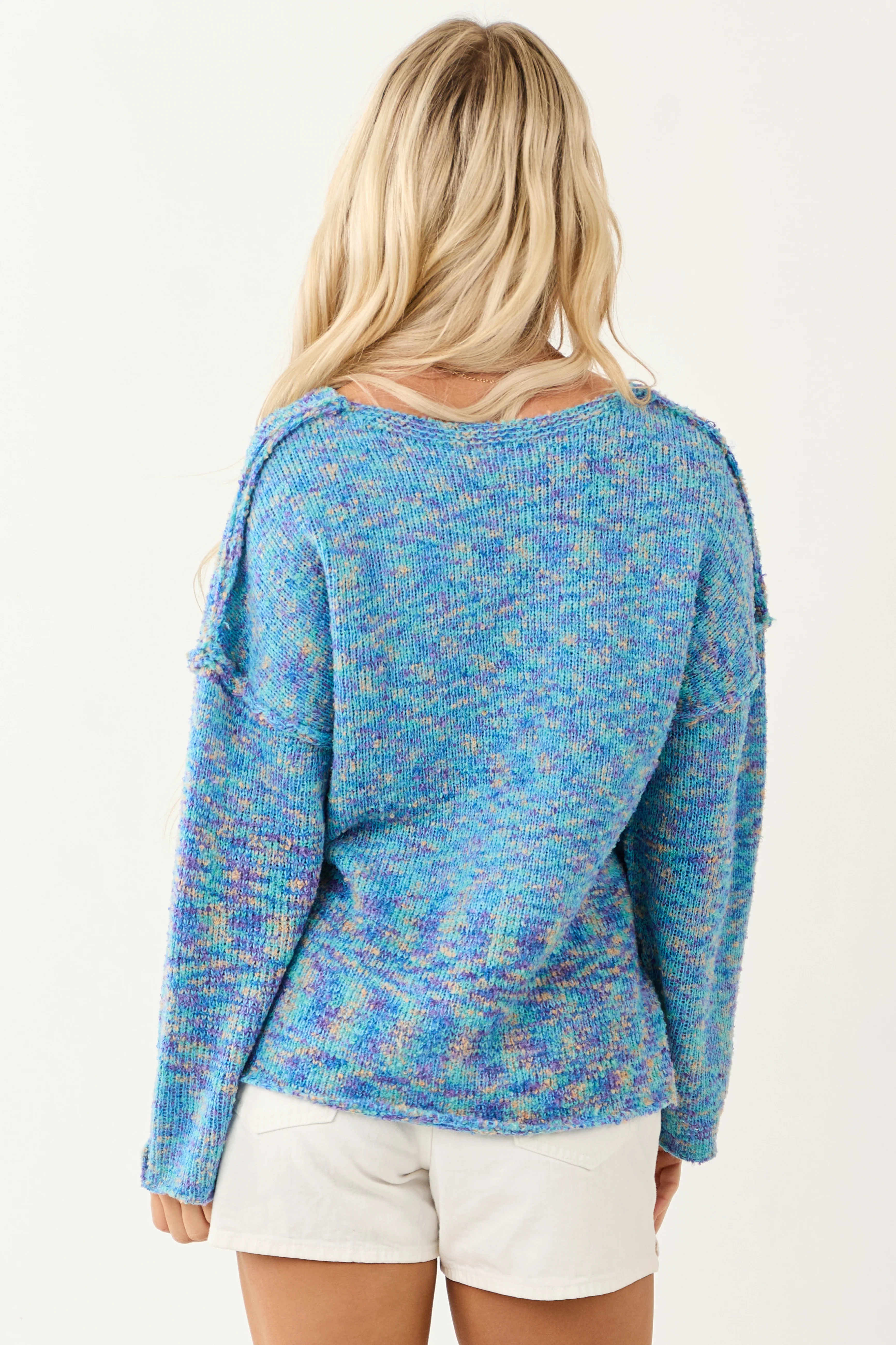 Turquoise Speckled Knit V Neck Front Seam Sweater - Image 5