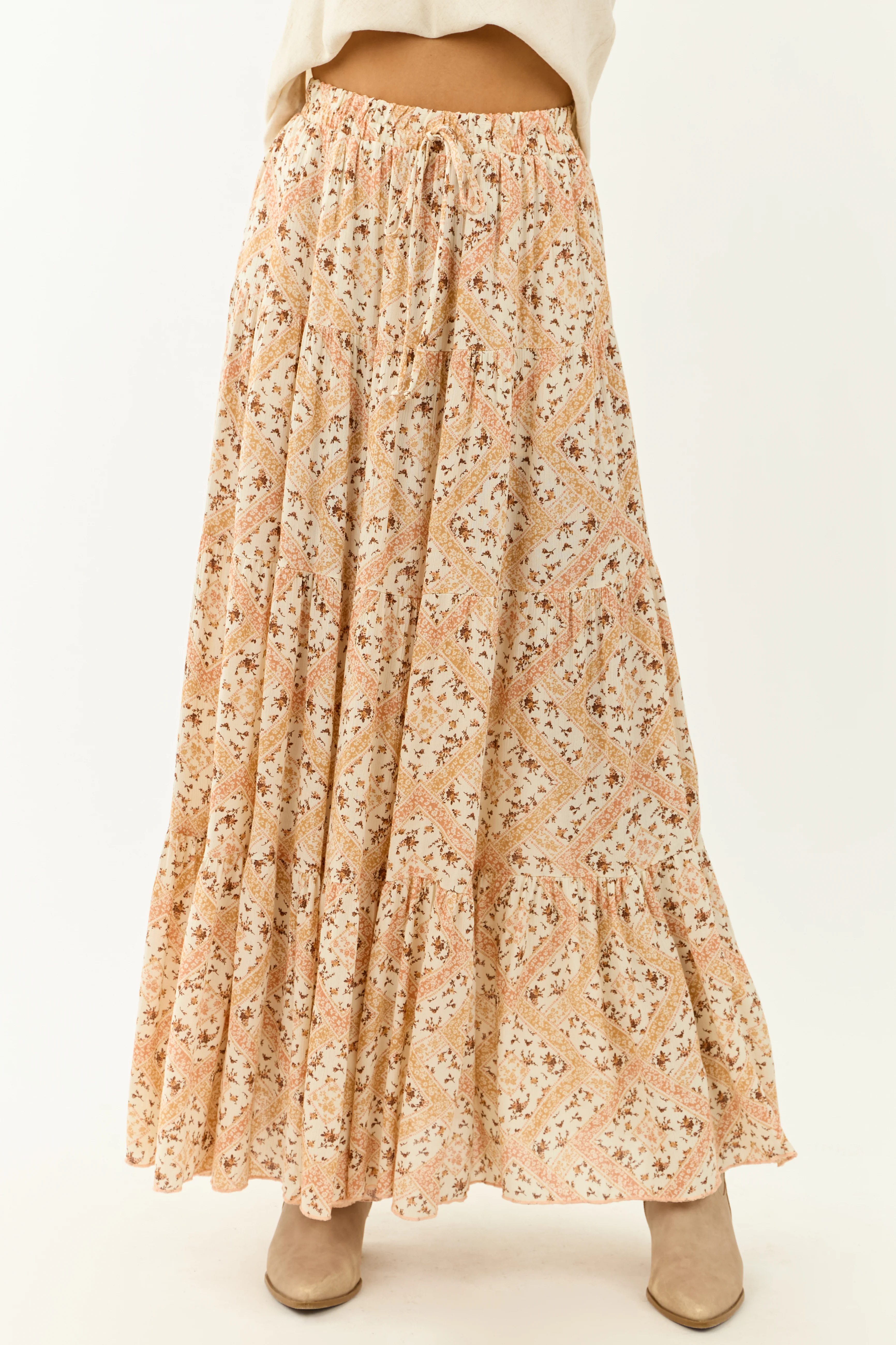 Vanilla Floral Print Flowy Tiered Maxi Skirt - Image 2