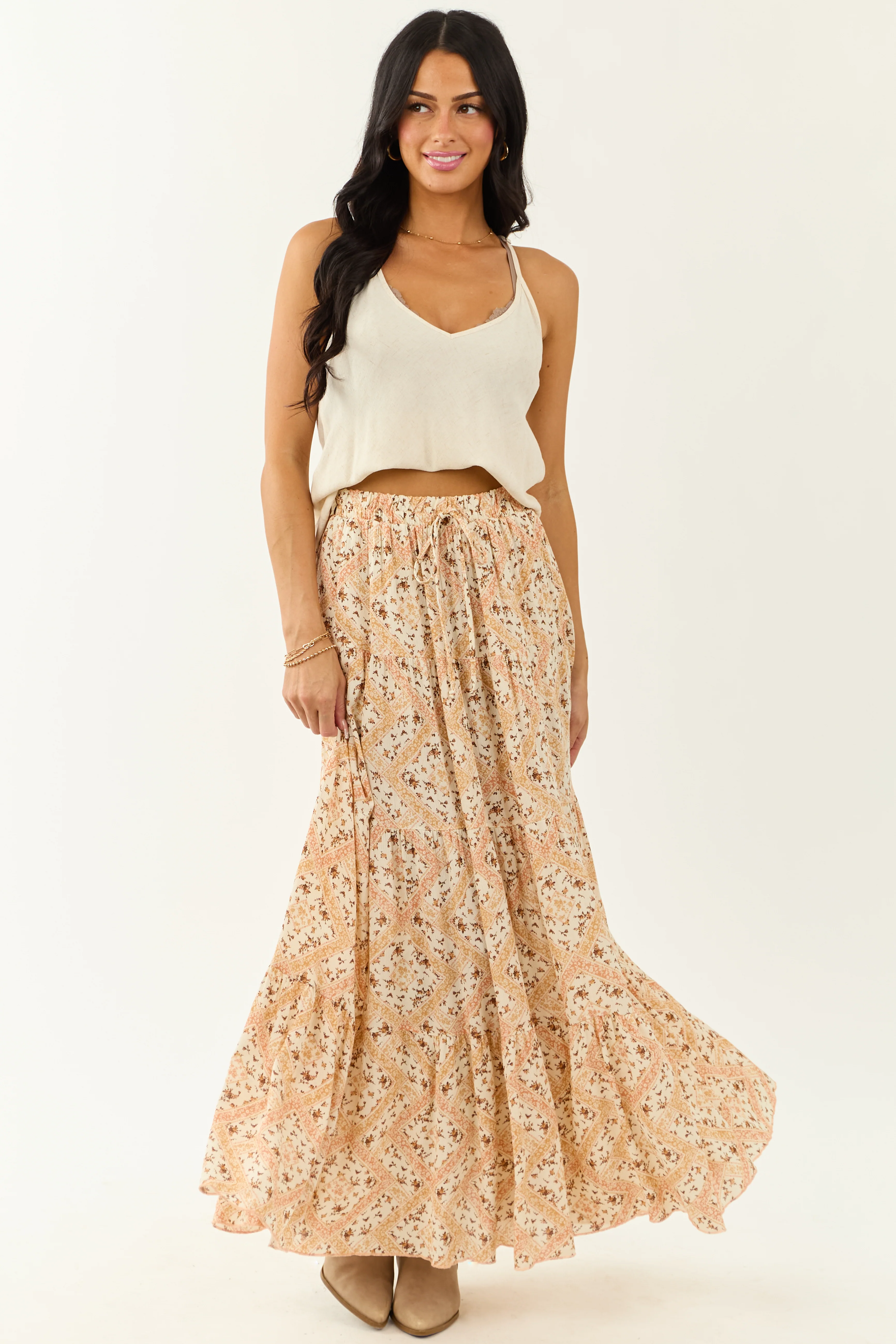 Vanilla Floral Print Flowy Tiered Maxi Skirt - Image 6