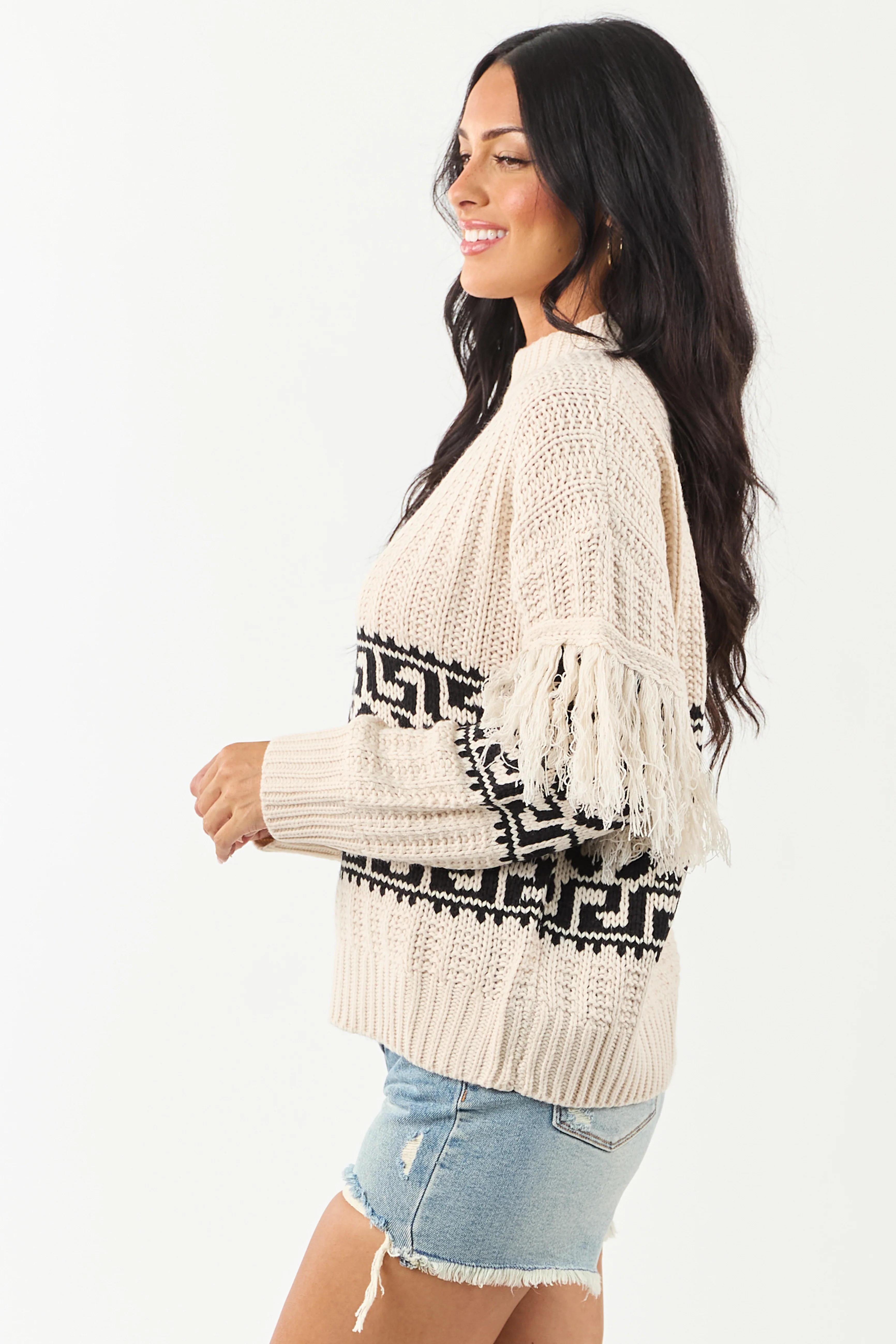 Vanilla Geometric Pattern Fringe Sleeve Knit Sweater - Image 6