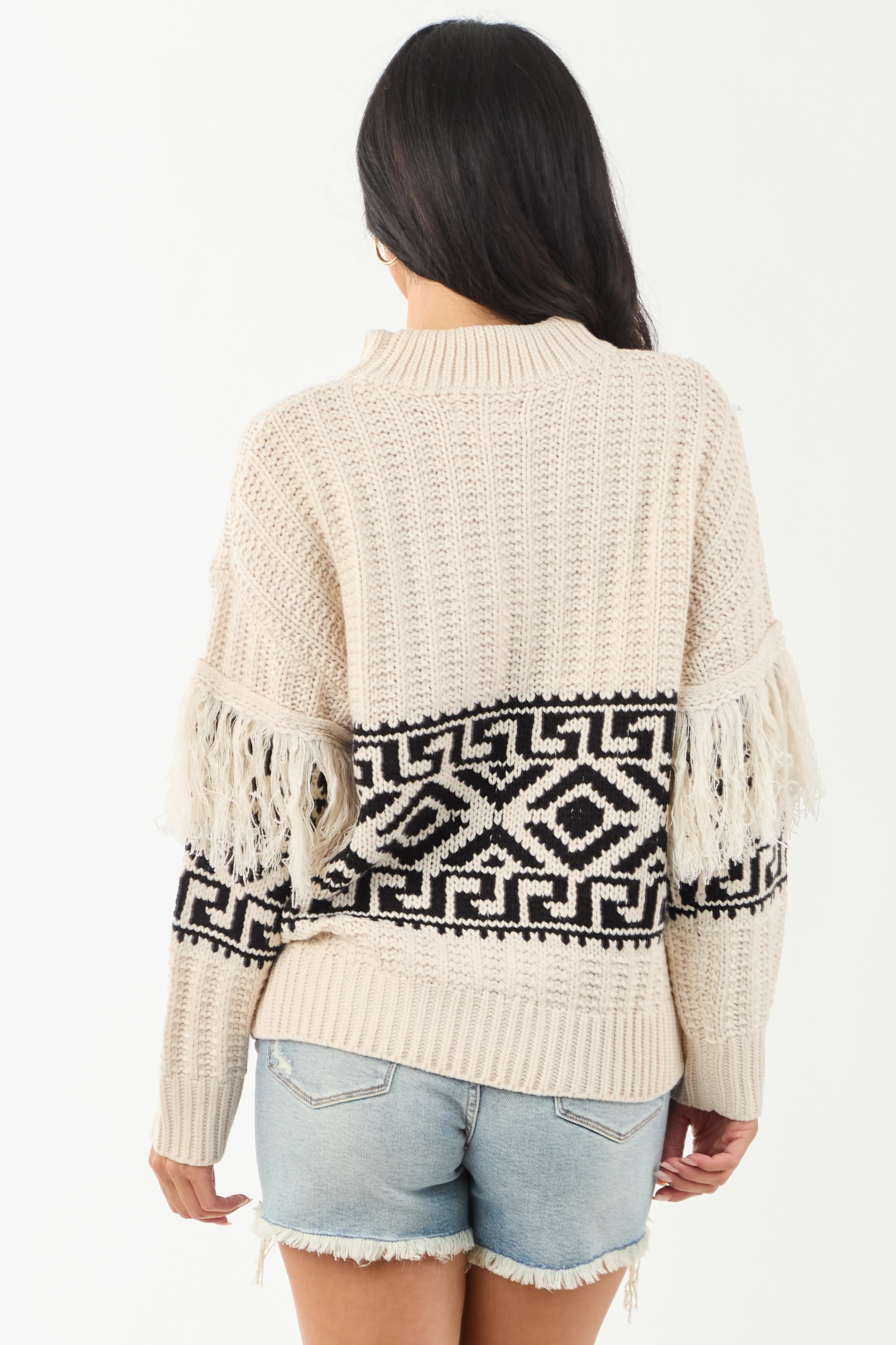 Vanilla Geometric Pattern Fringe Sleeve Knit Sweater - Image 7