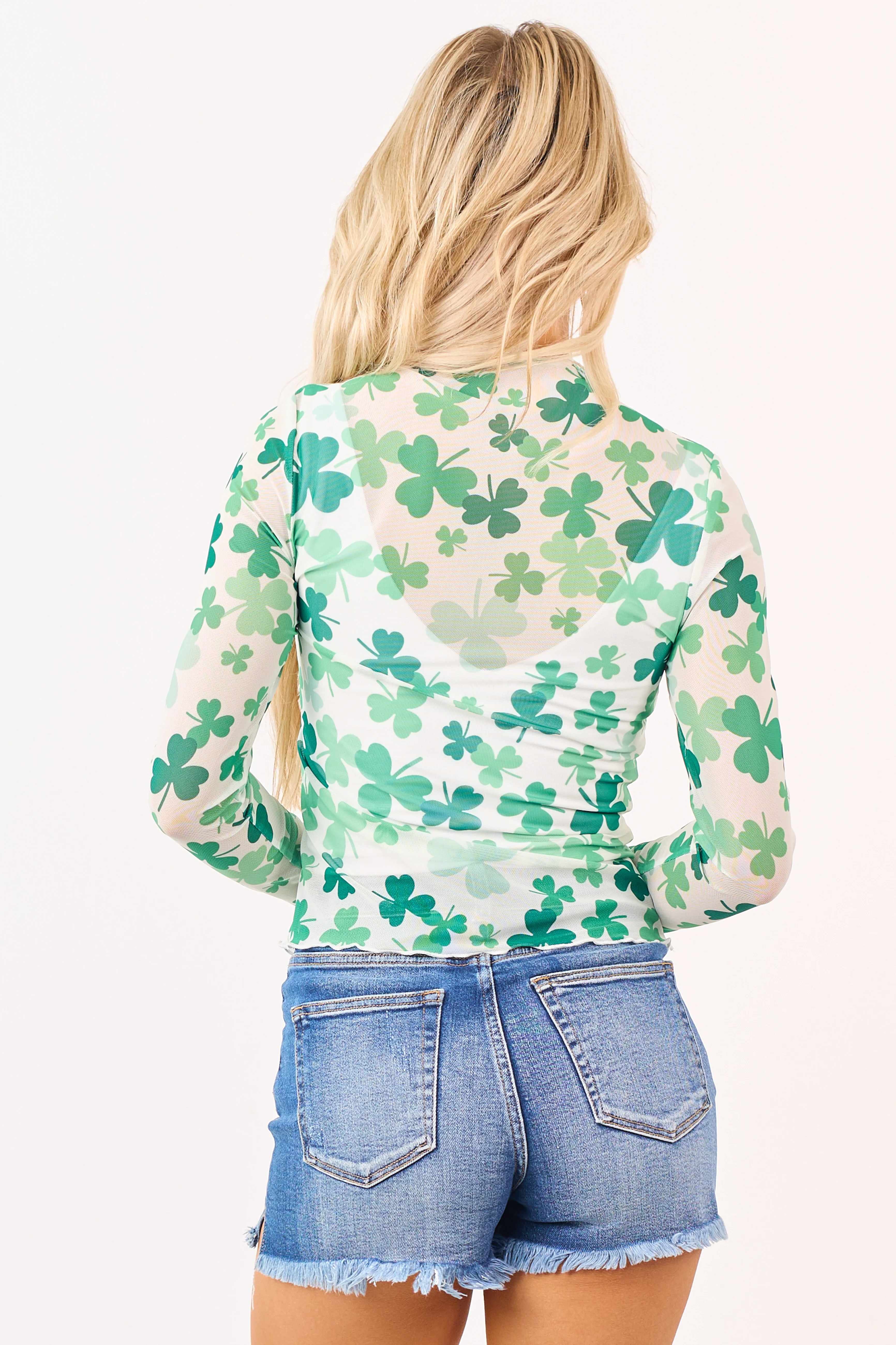 Vanilla Shamrock Pattern Sheer Mesh Long Sleeve Top - Image 5