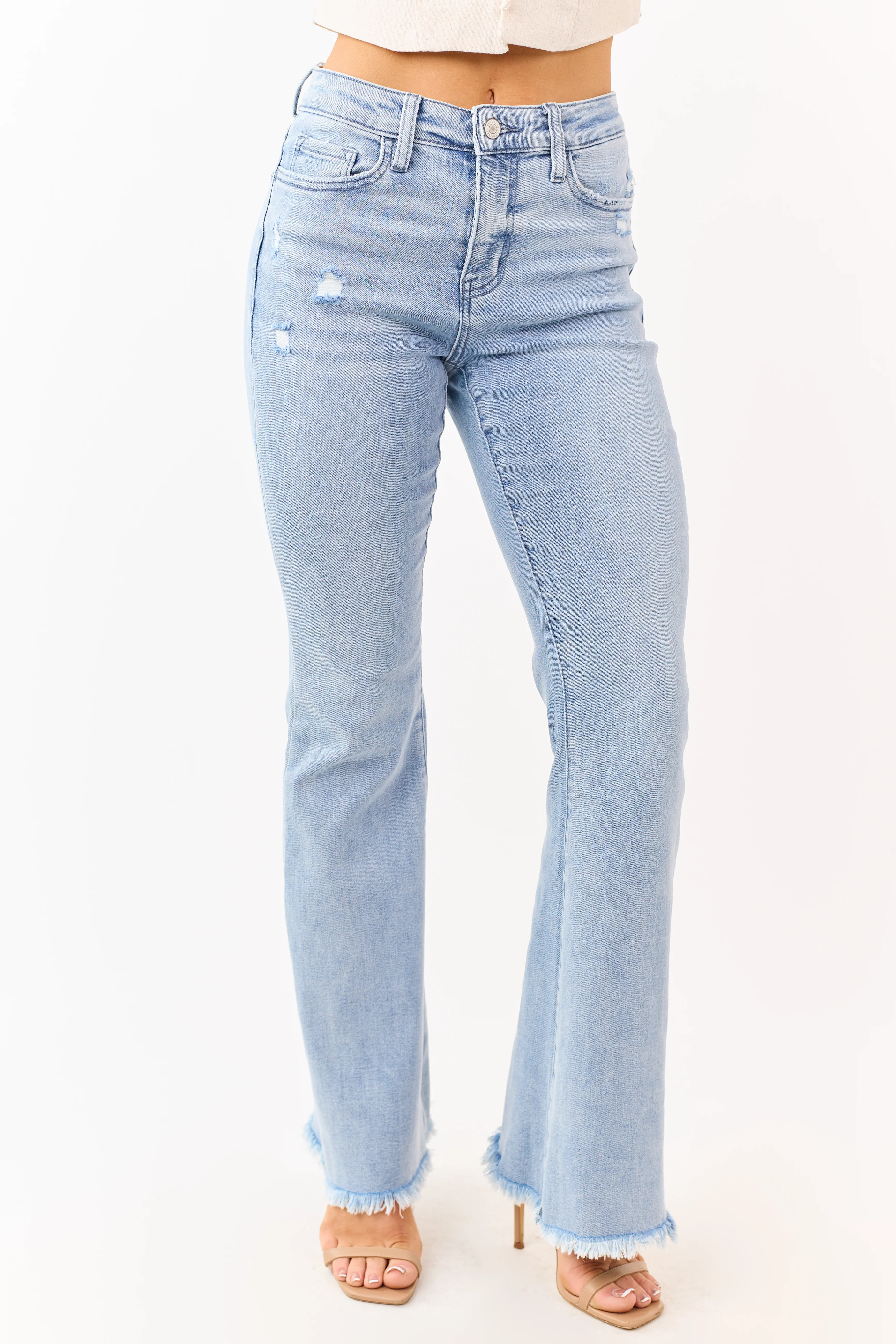 Vervet Light Wash Frayed Hem Stretchy Flare Jeans - Image 3