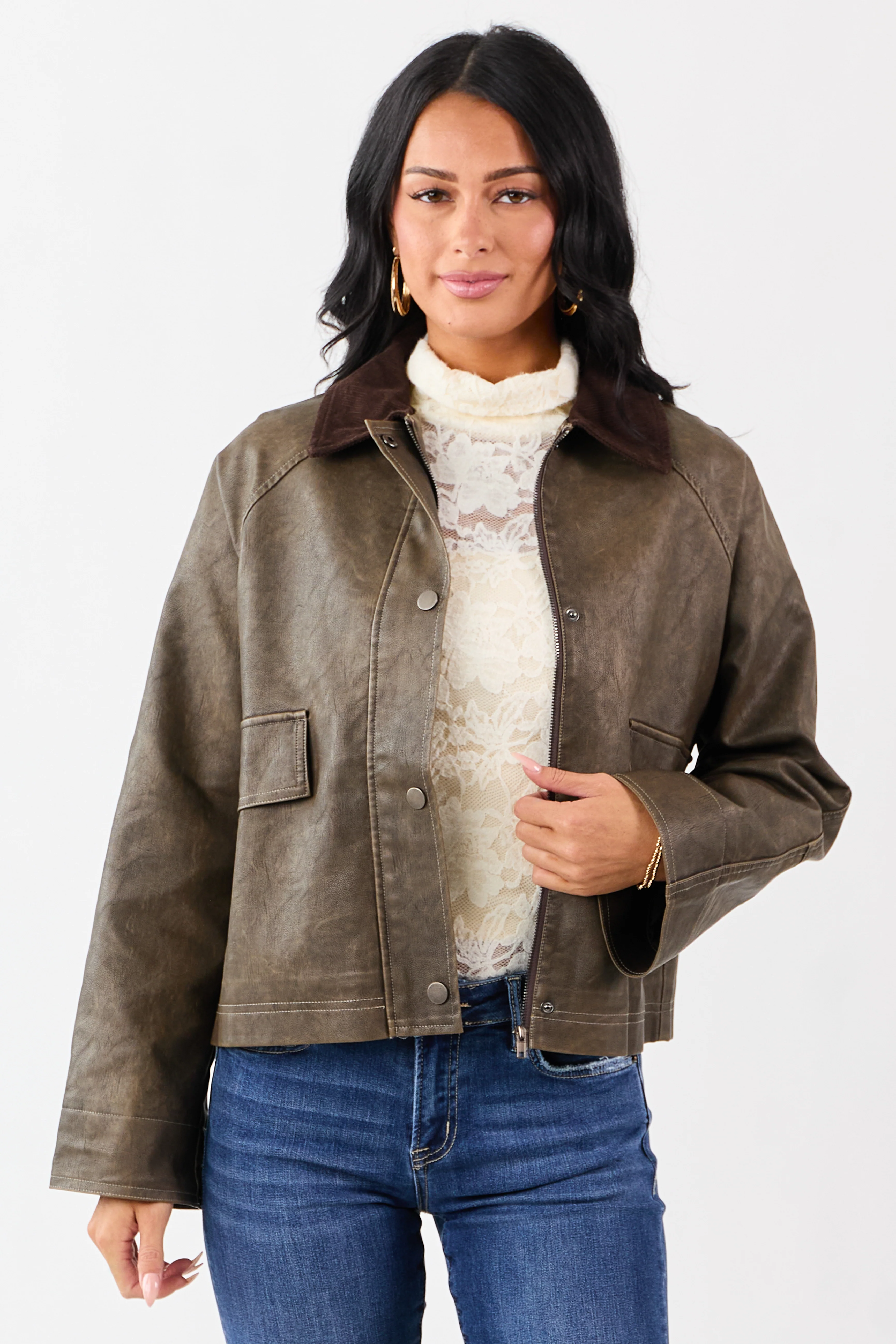 Walnut Faux Leather Corduroy Collar Zip Up Jacket