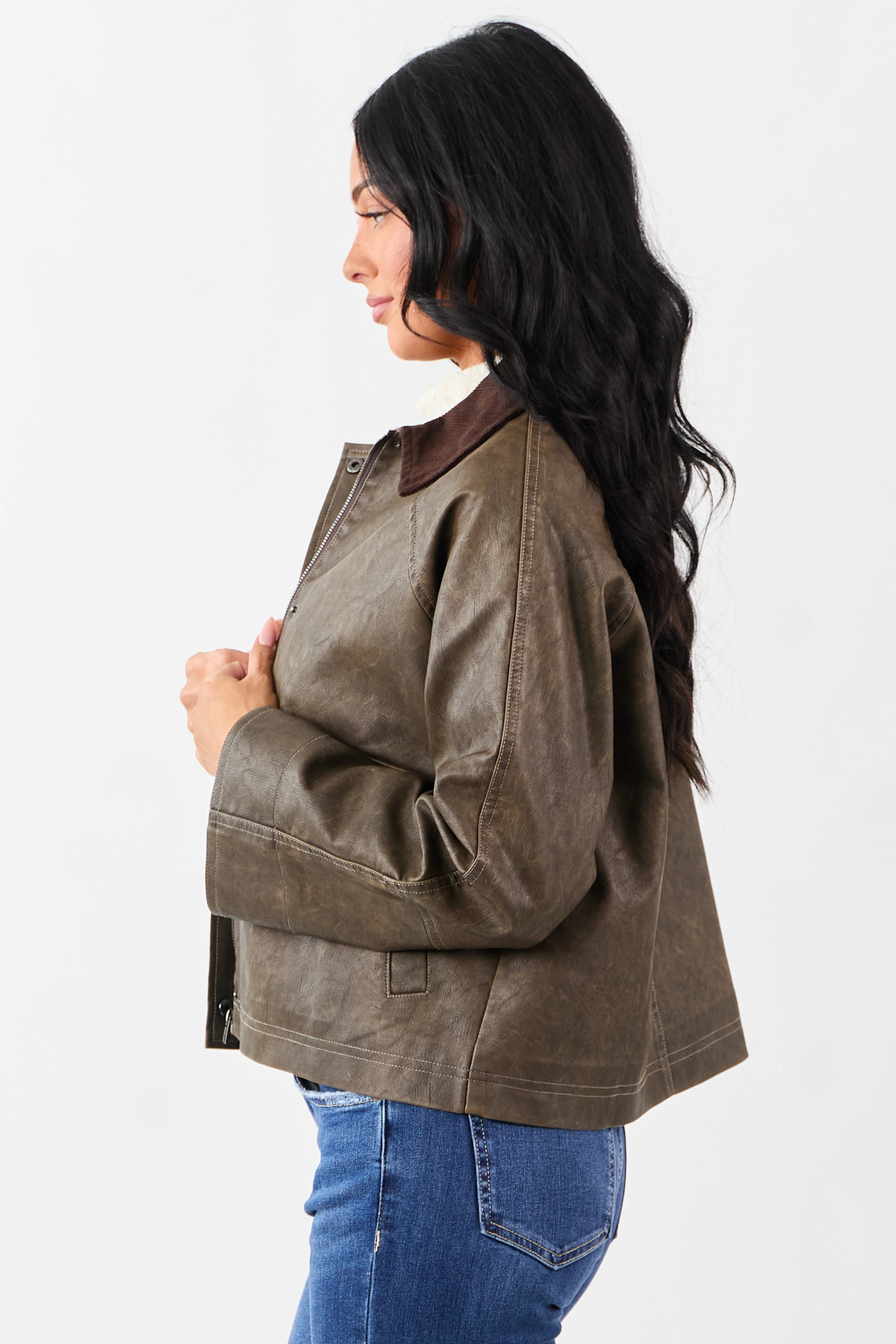 Walnut Faux Leather Corduroy Collar Zip Up Jacket - Image 5
