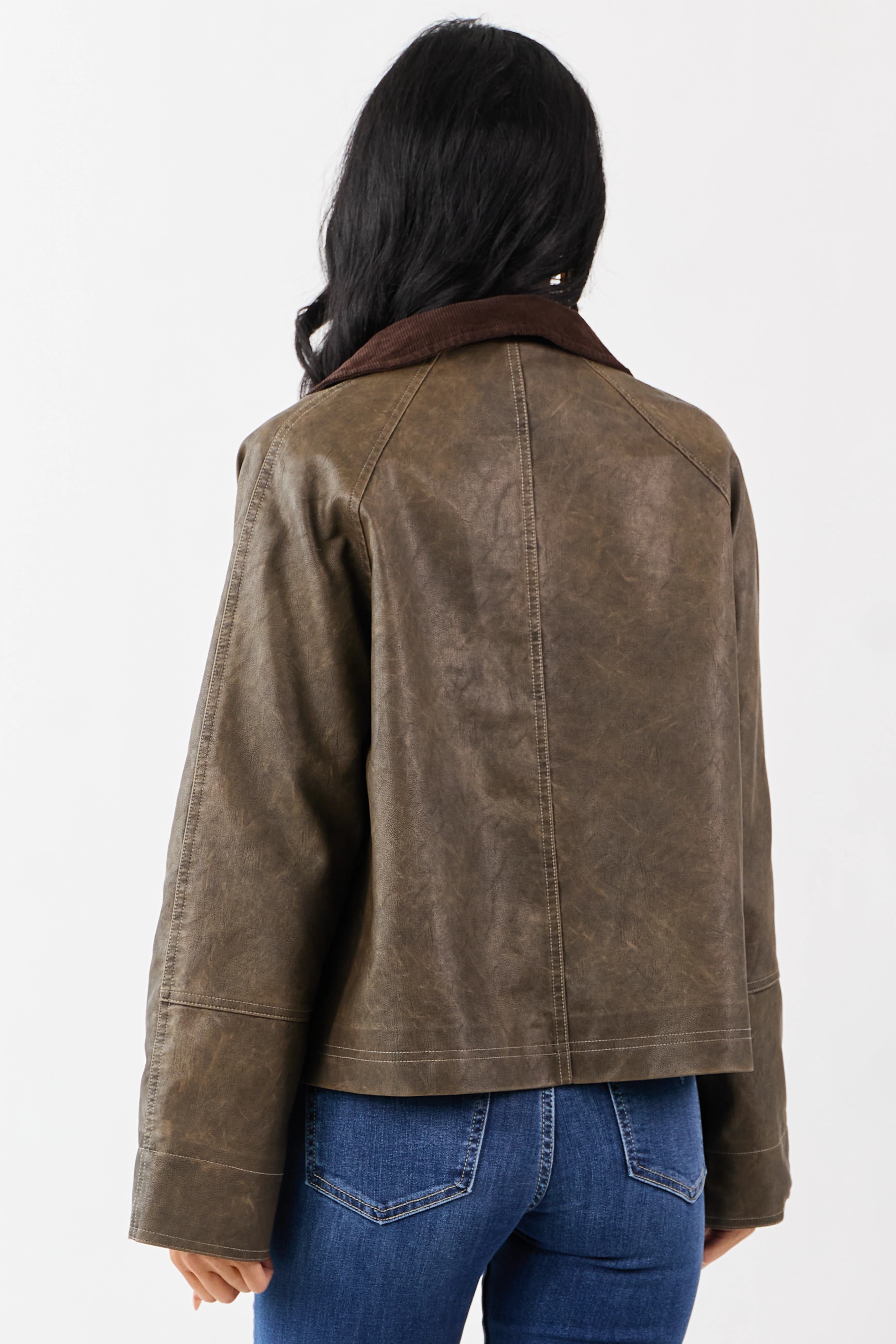 Walnut Faux Leather Corduroy Collar Zip Up Jacket - Image 6