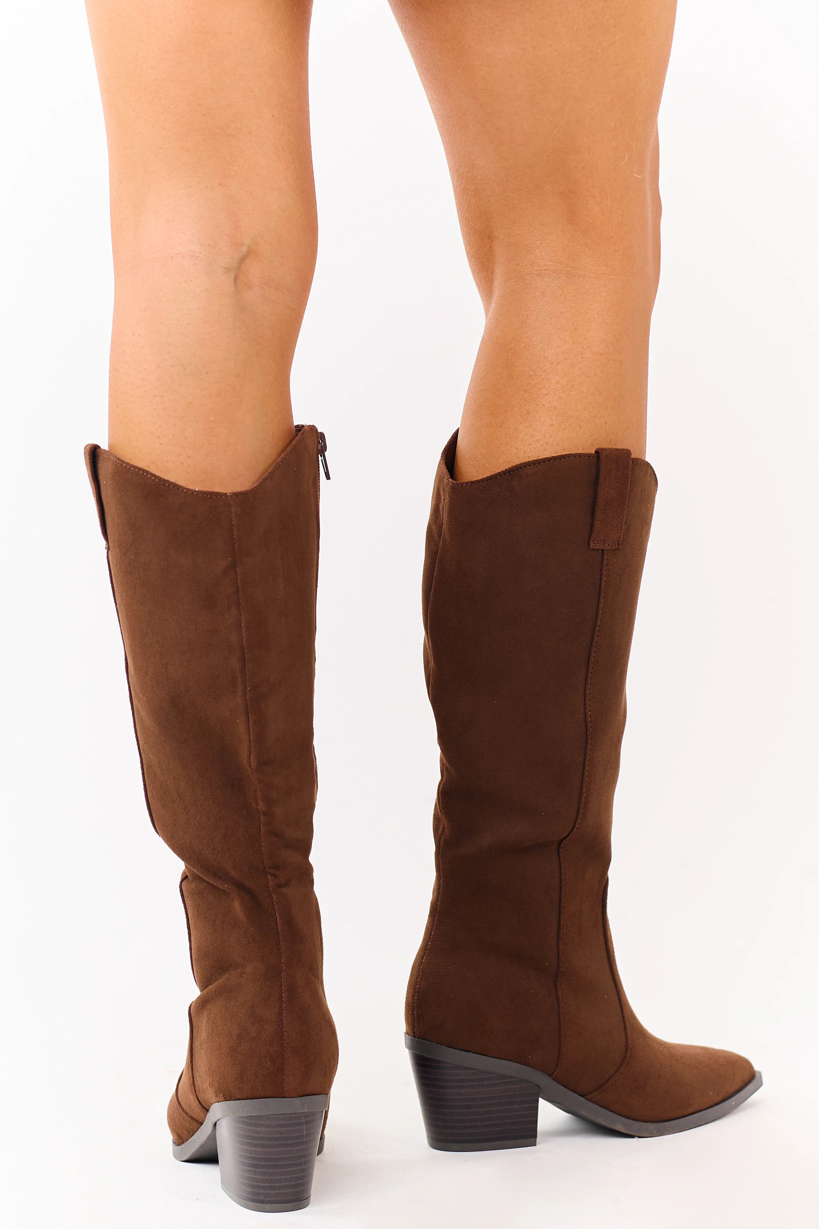 Walnut Faux Suede Block Heel Pointed Toe Tall Boots - Image 6
