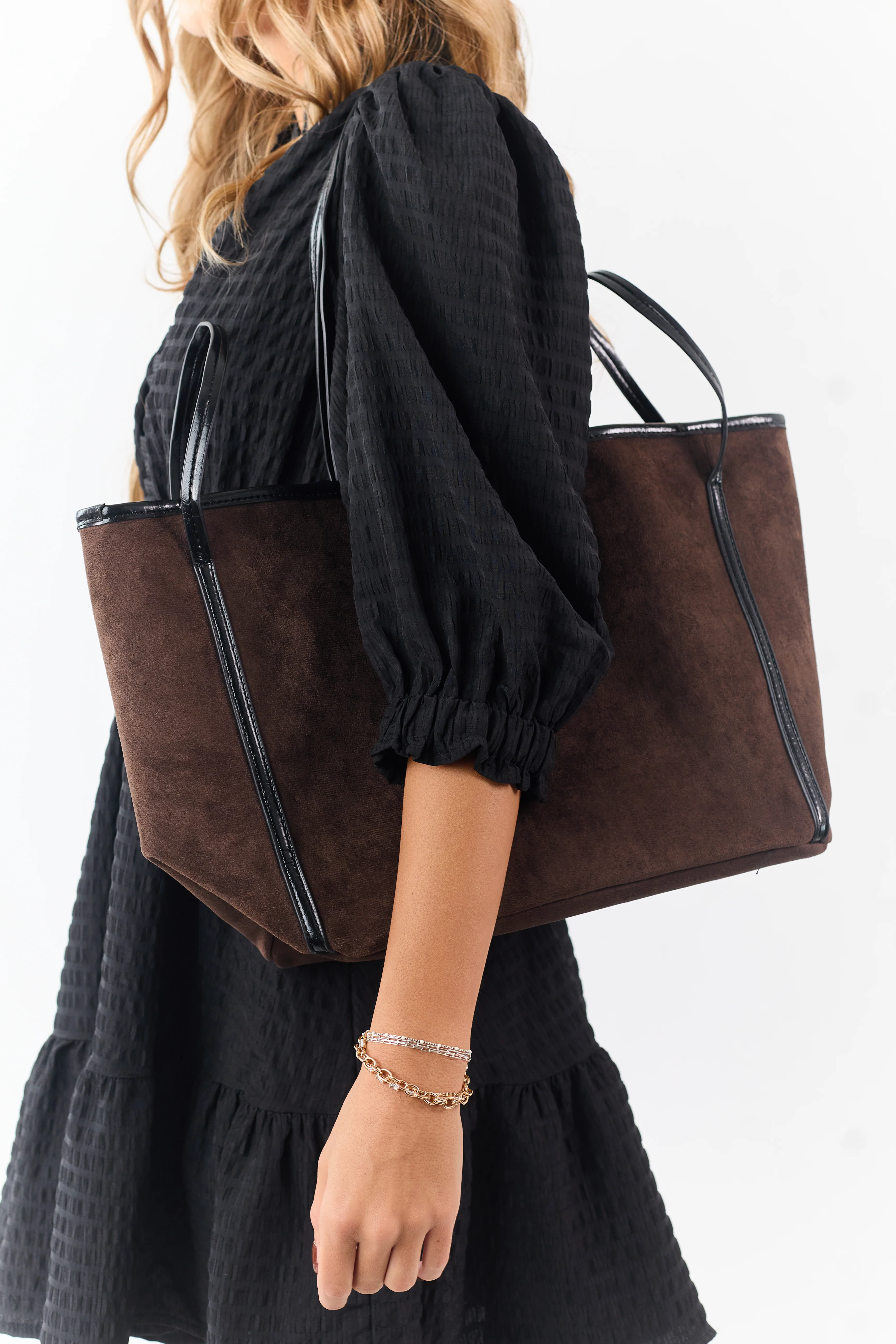 Walnut Faux Suede Contrast Strap Tote Bag - Image 2