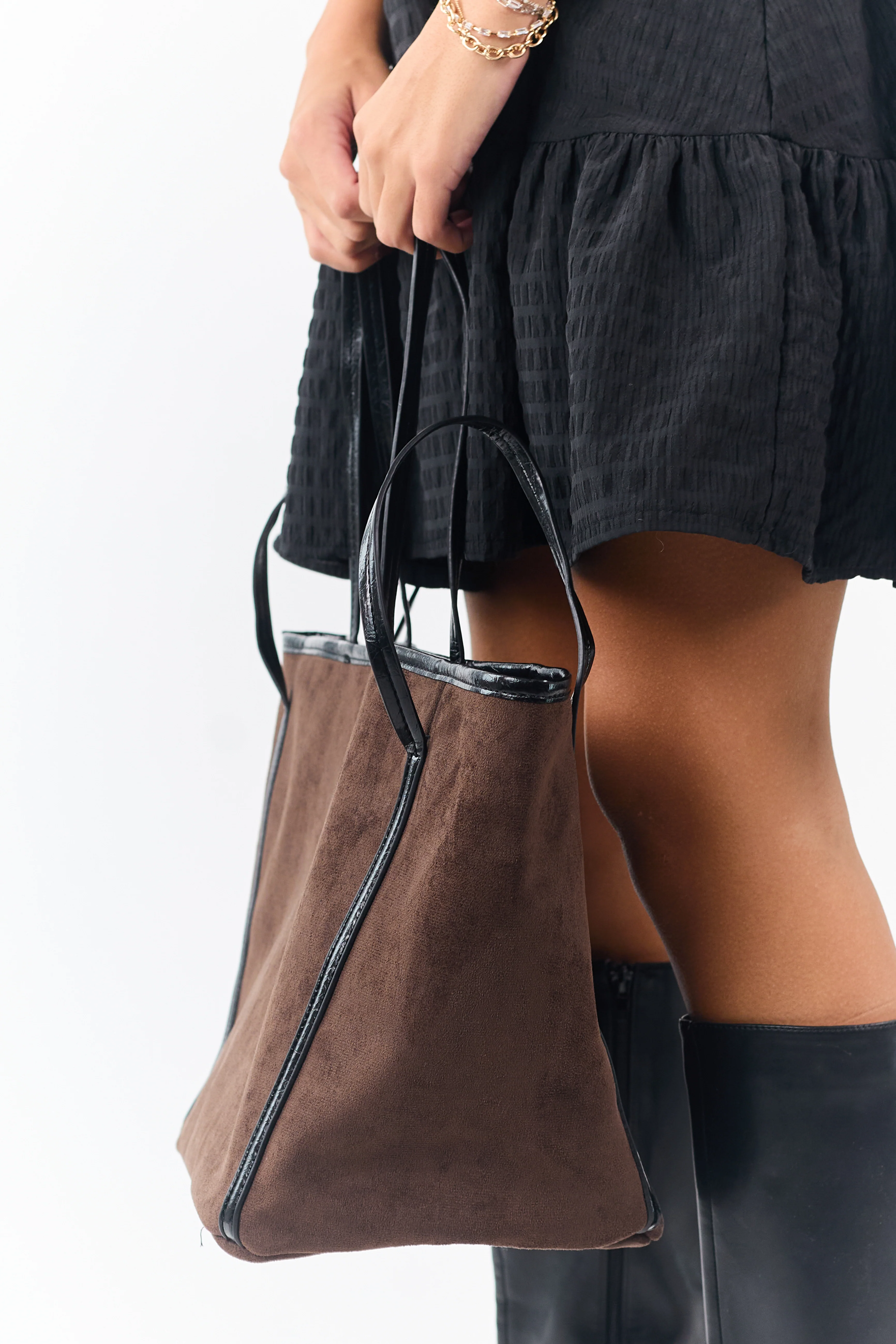 Walnut Faux Suede Contrast Strap Tote Bag - Image 4