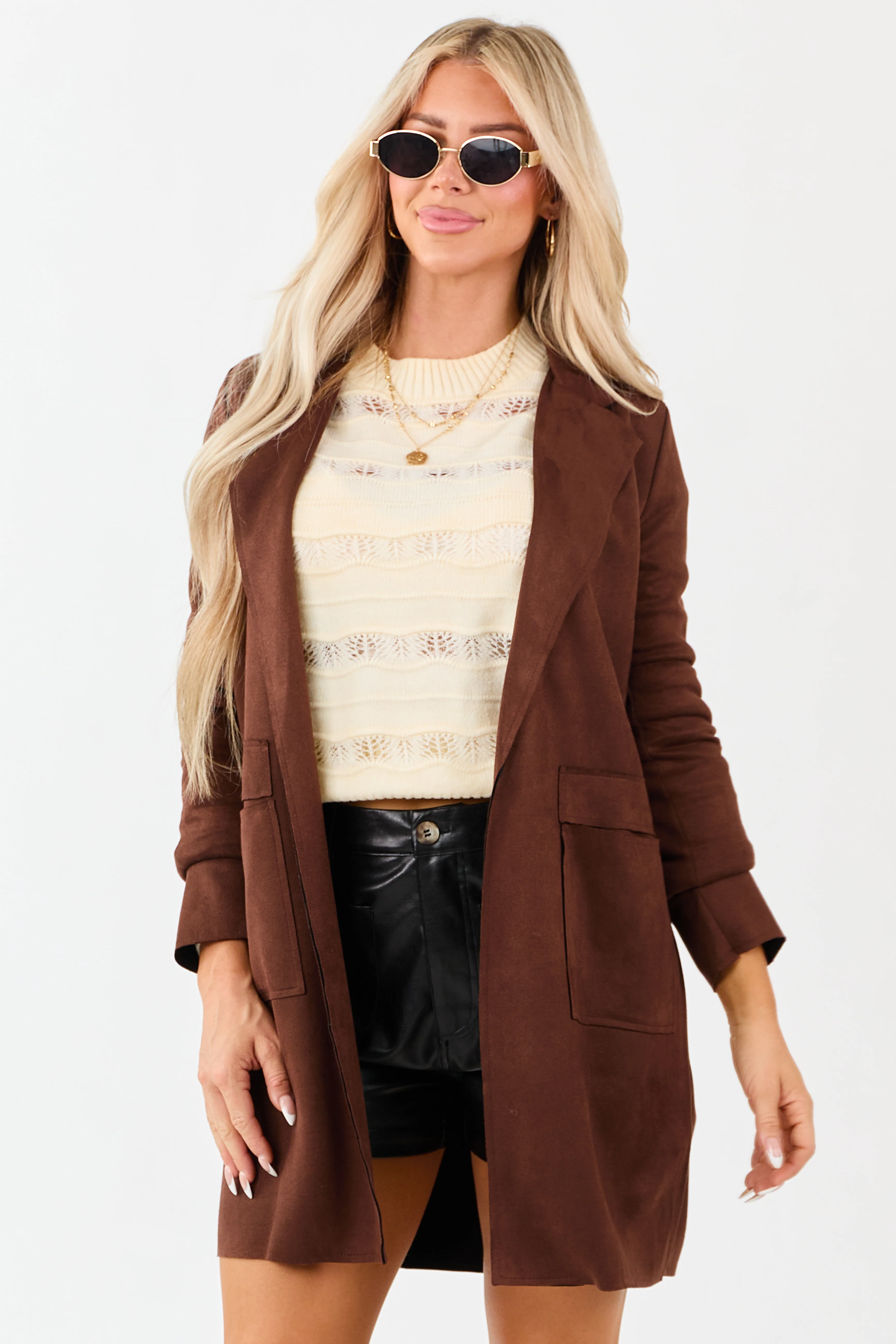 Walnut Faux Suede Open Front Jacket