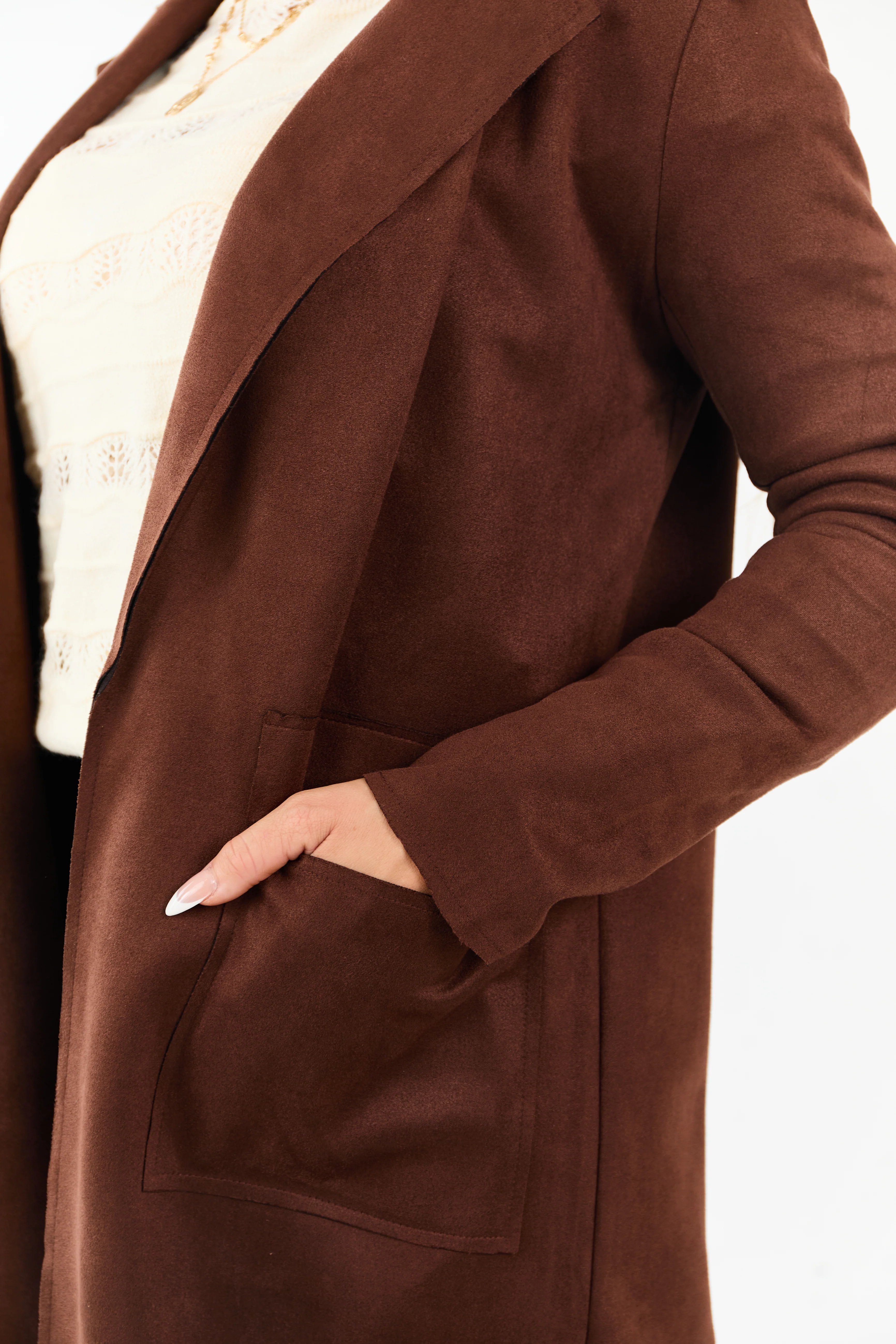 Walnut Faux Suede Open Front Jacket - Image 8
