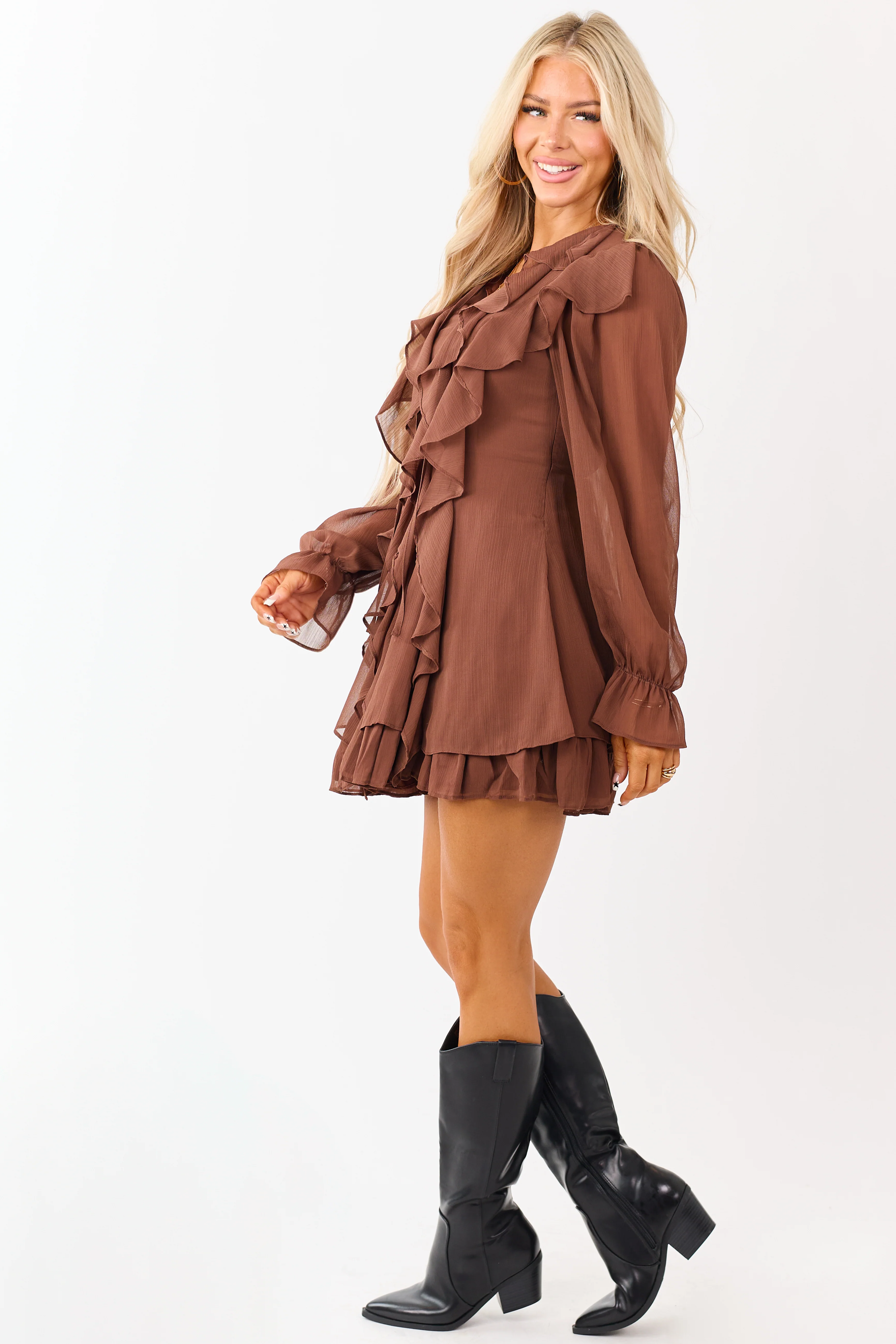 Walnut Ruffled Front Tie Long Sleeve Mini Dress - Image 4