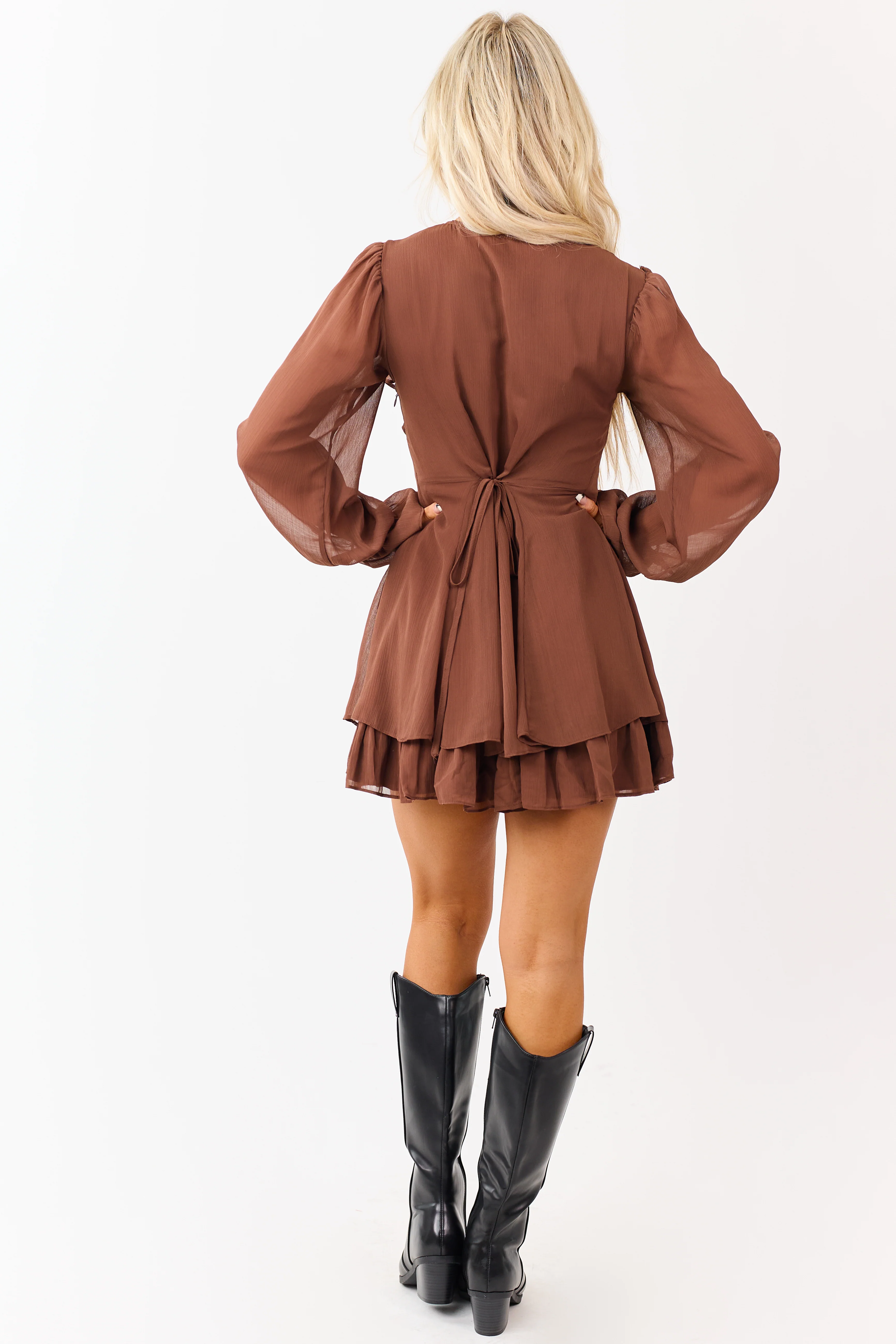 Walnut Ruffled Front Tie Long Sleeve Mini Dress - Image 5