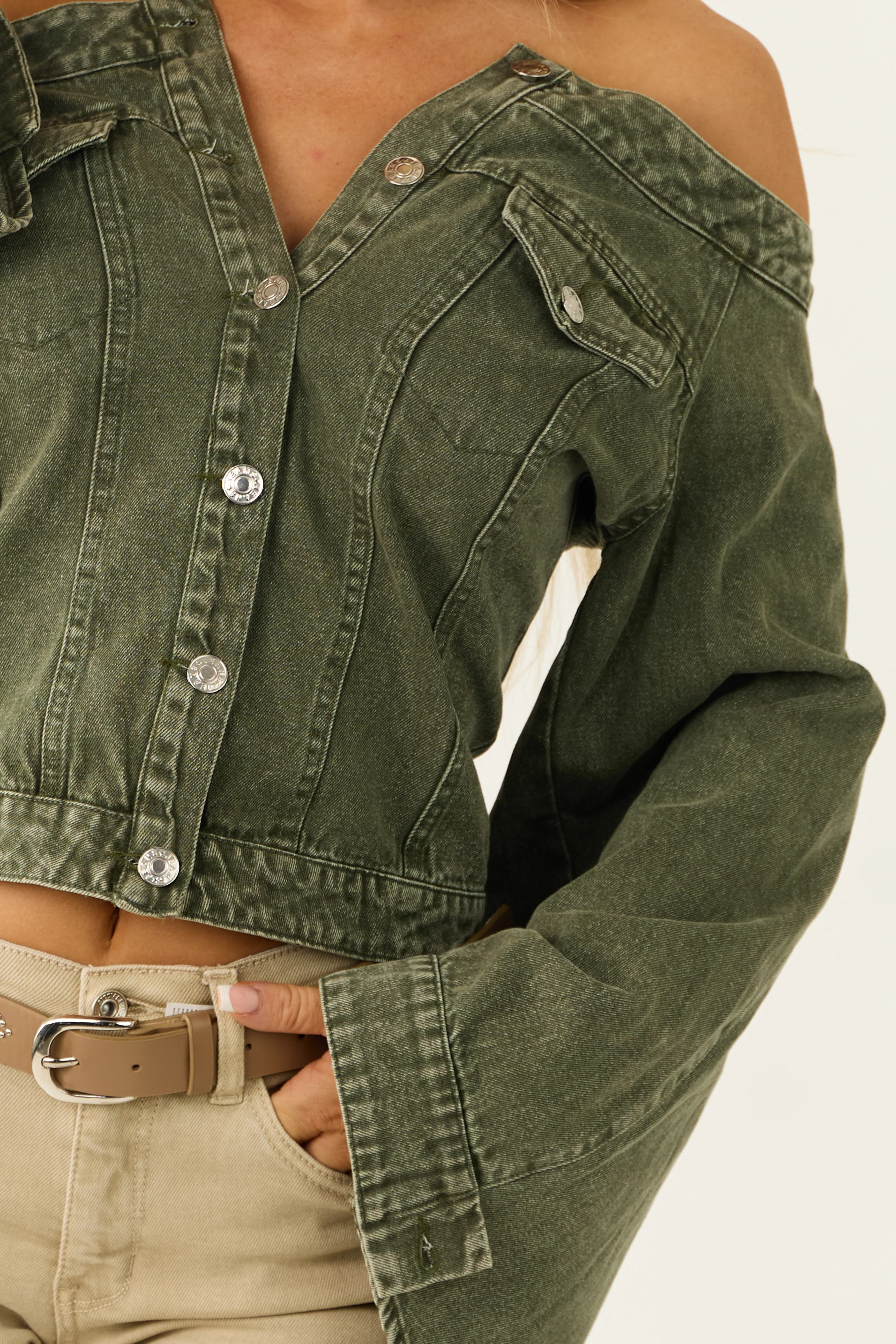 Washed Army Green Off the Shoulder Denim Jacket - Image 6