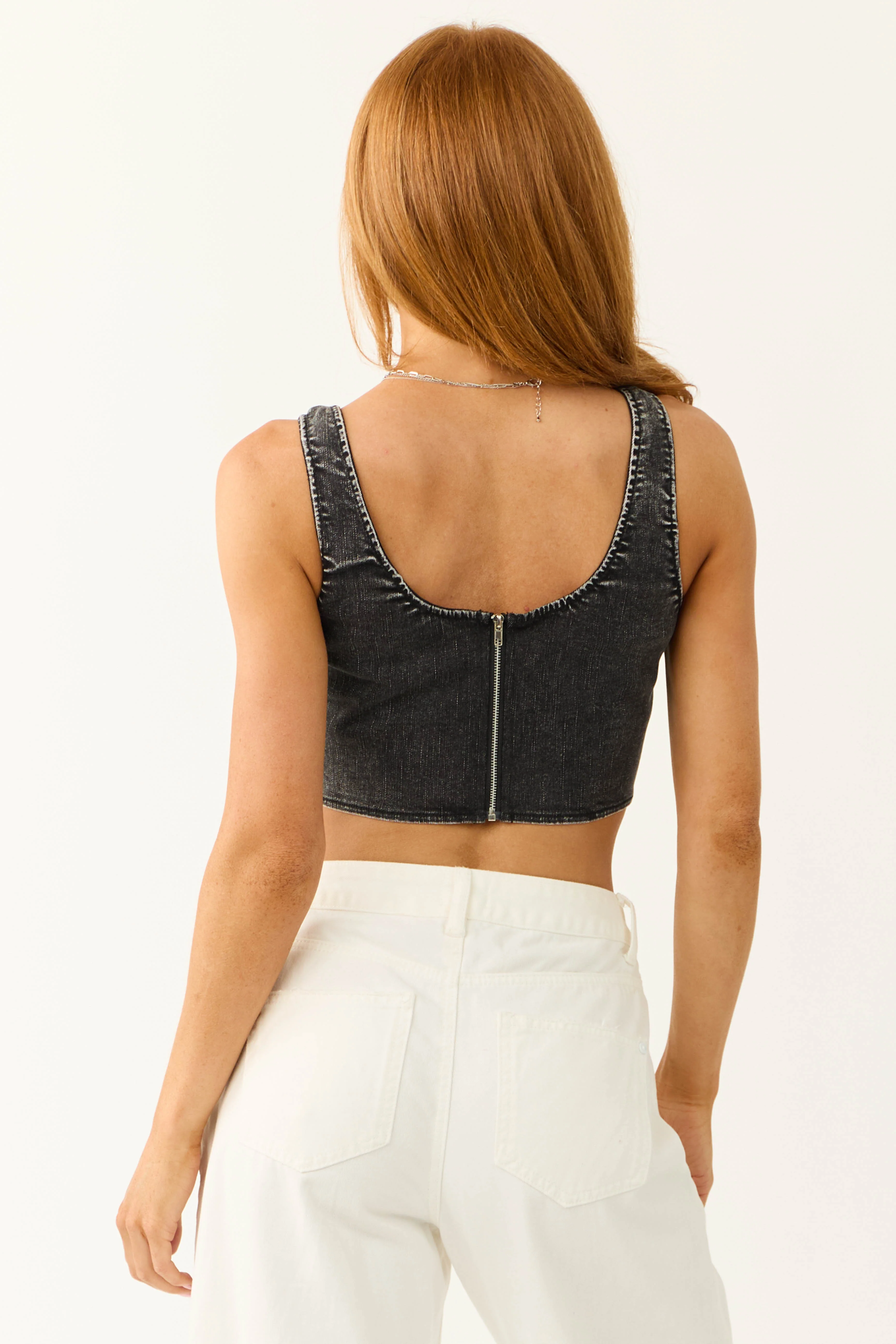 Washed Black Denim Sleeveless Corset Top - Image 7