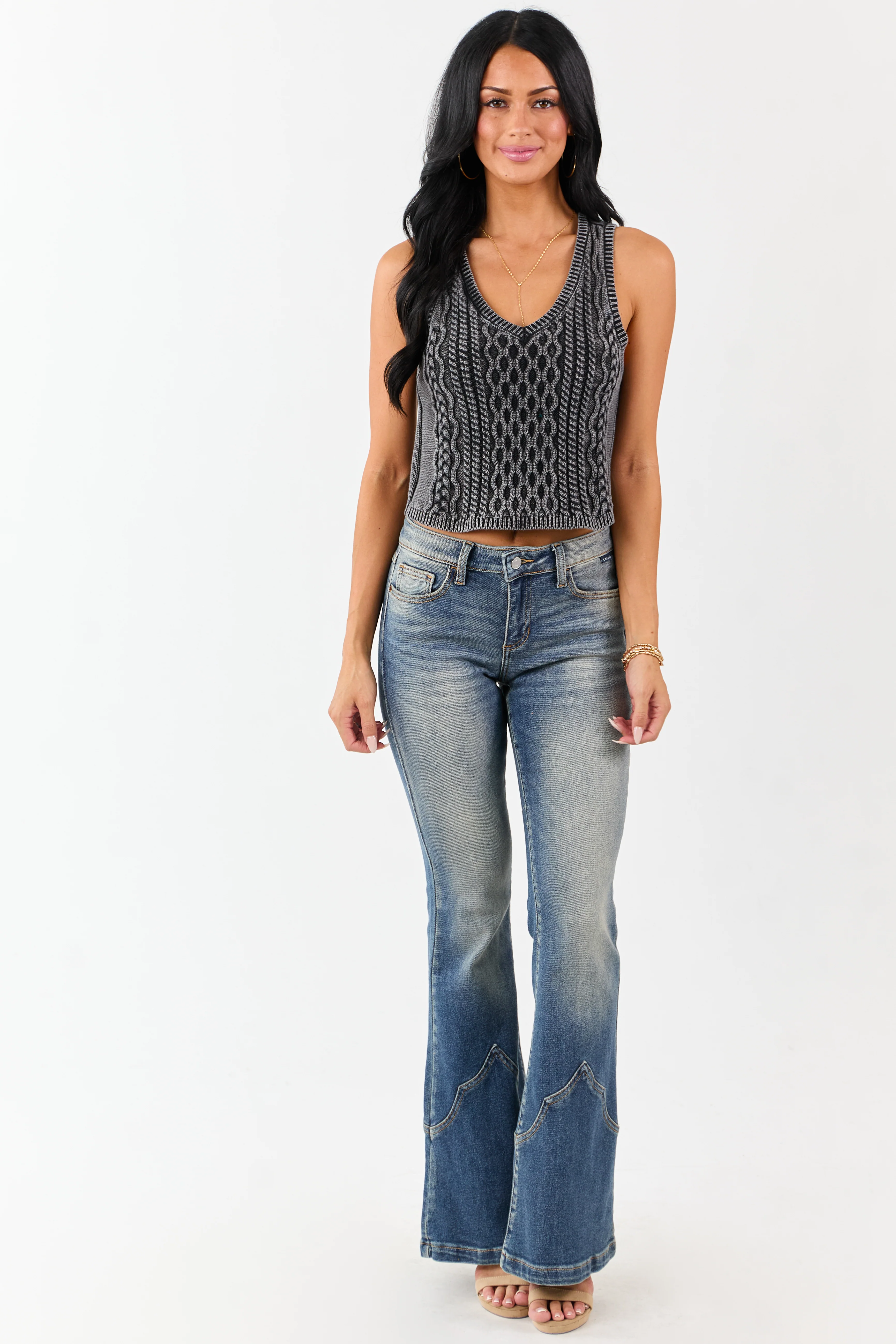 Washed Charcoal Cable Knit Cotton Crop Tank Top - Image 2